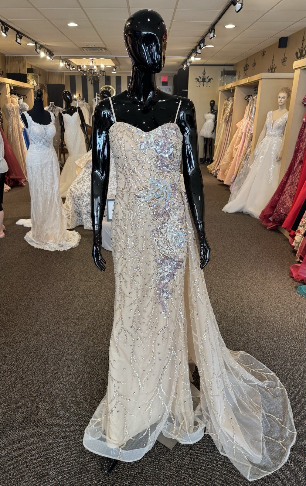 SK Boutique Sequin Wedding Guest Prom Gown Dress Champagne Gold Sz 42 EUR, US 10
