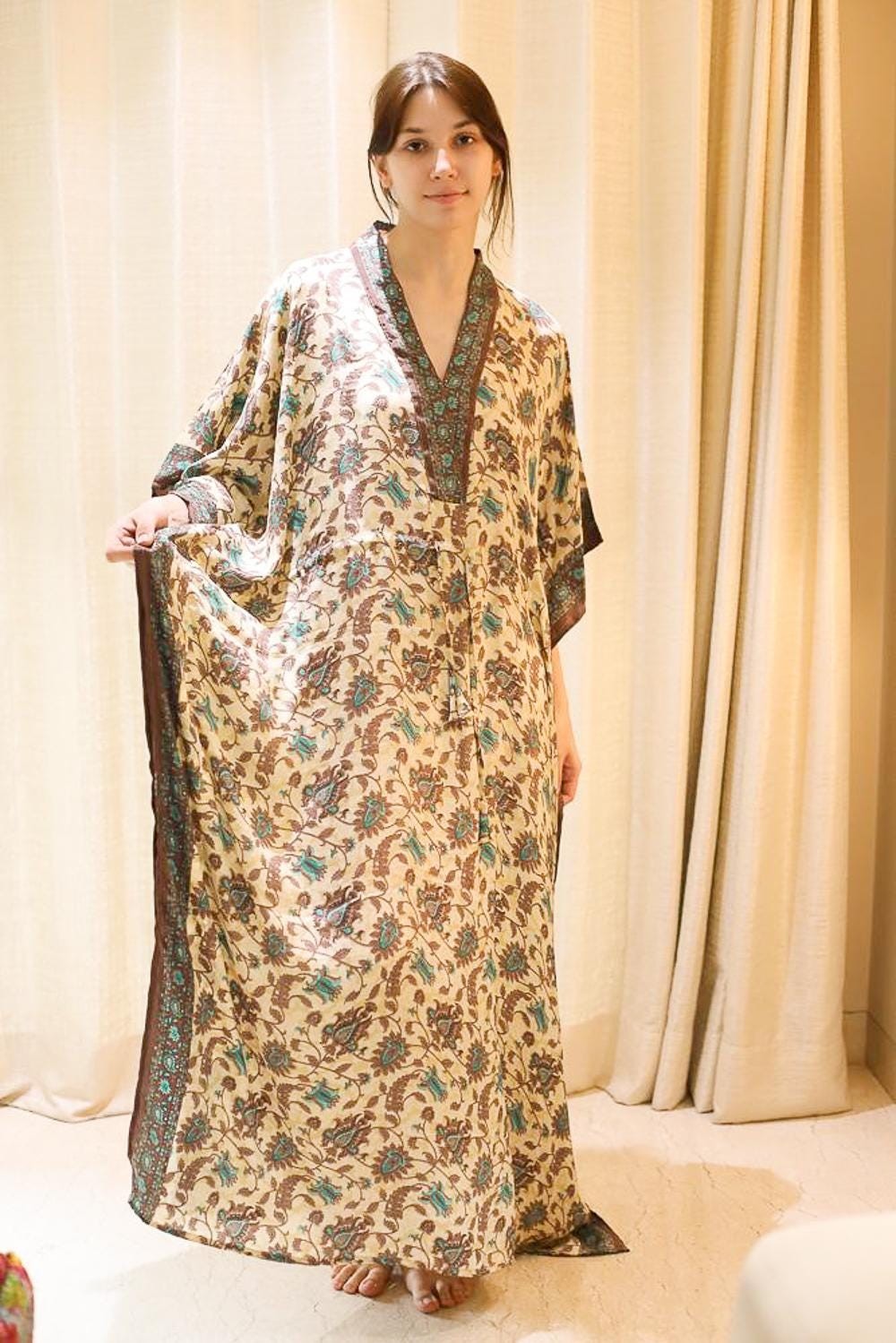 Handmade Silk Beige Long Kaftan / Upcycled Free Size Dressing Gown PS MFN1002
