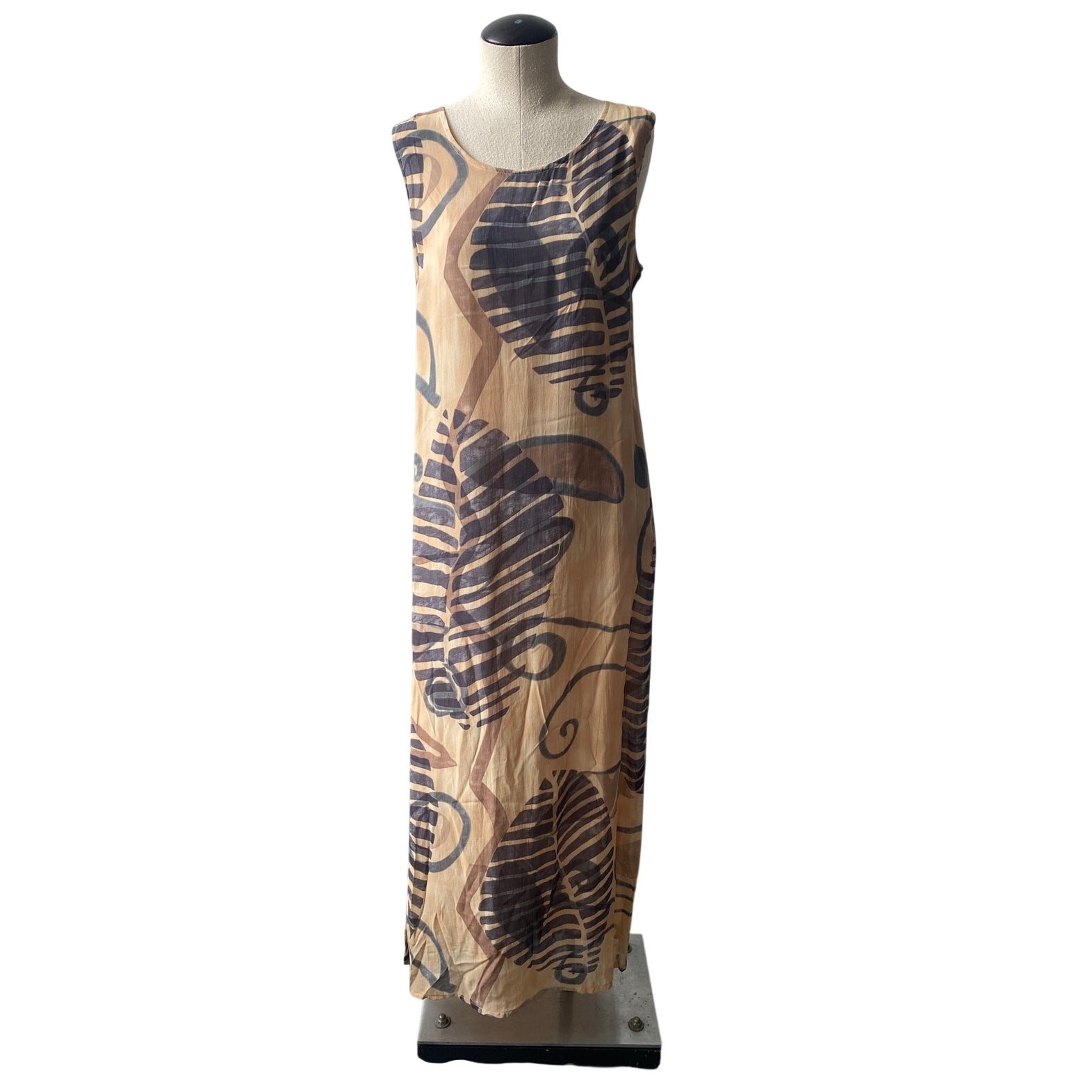 Vtg 90s Earthy Botanical Sleeveless Maxi Dress Tan Gray Boho Minimalist Sz M