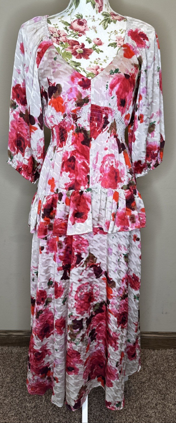 Taylor Dress Womens Sz 6 Pink Red Floral Victorian Jacquard Tiered Ruffle Midi
