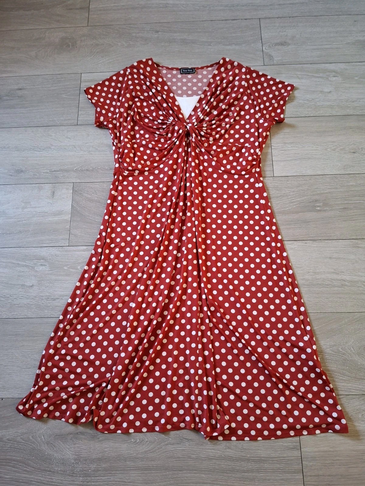 Rosa Rosa Red & White Spotted Stretch Midi Dress Flared Ruched Smart Casual UK16