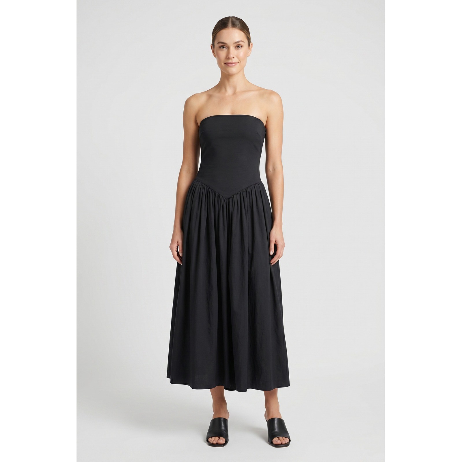 Free People Strapless Midi Dress Black Cotton Jersey V-Waist Size L
