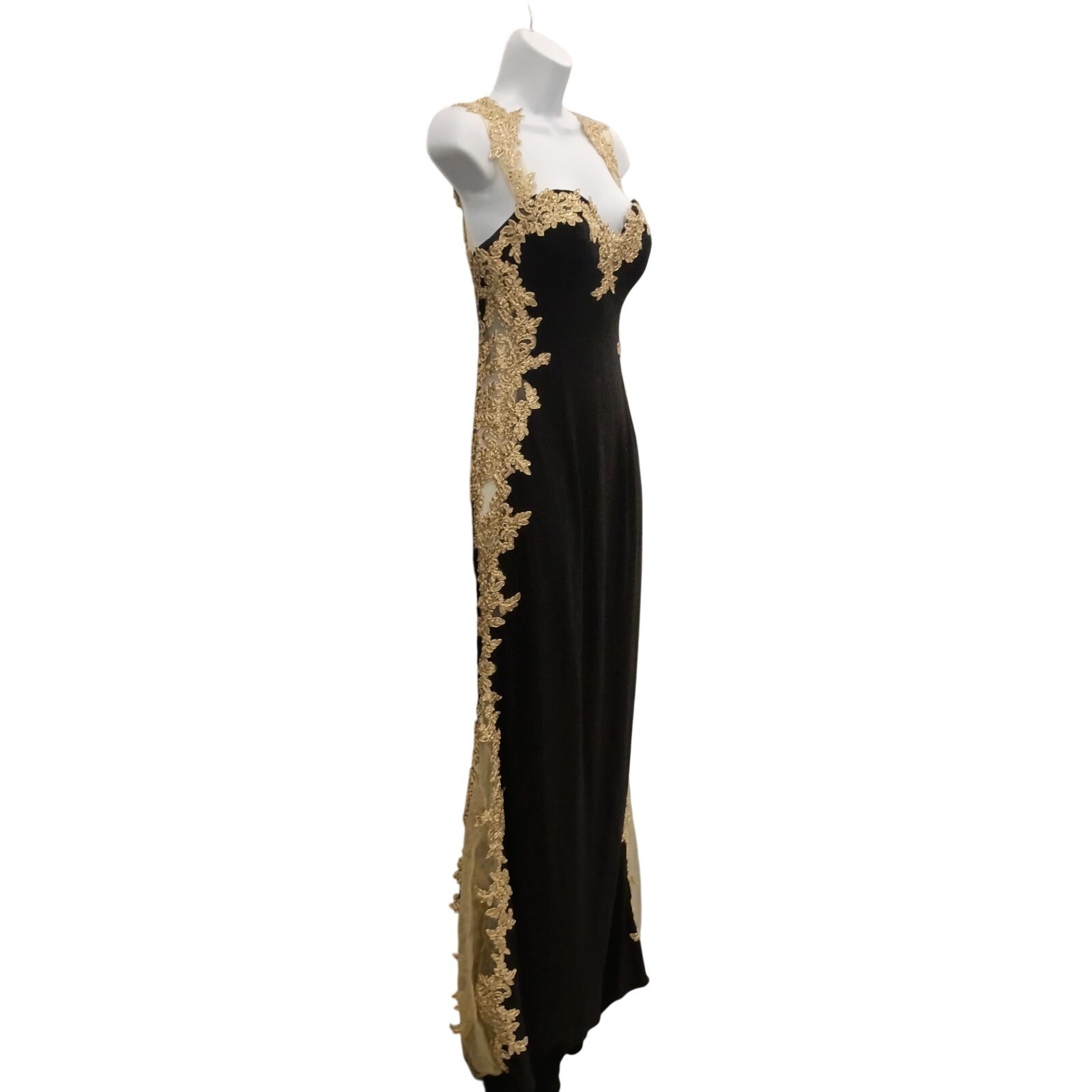 Cinderella Divine Womens 6 Black Gold Lace Column Prom Red Carpet Gown Dress