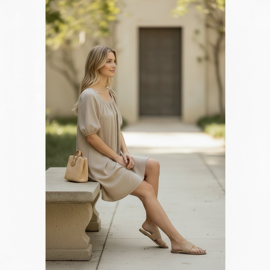 Adam Lippes Shift Dress size 8 Puff Sleeve Office Neutral Capsule Minimalist