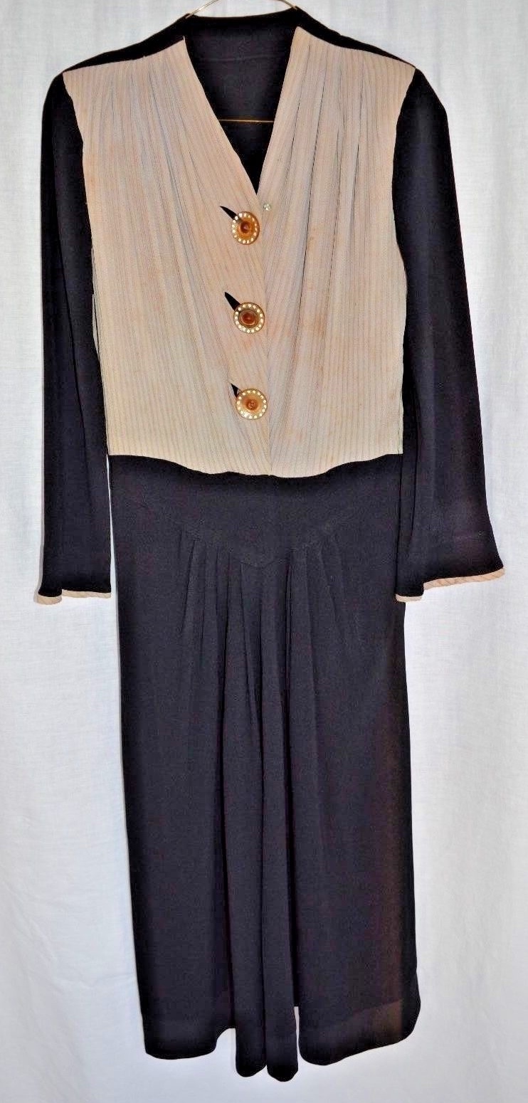 Vintage 1940s 1950s Beige Black Dress Celluloid Rhinestone Buttons Size Medium