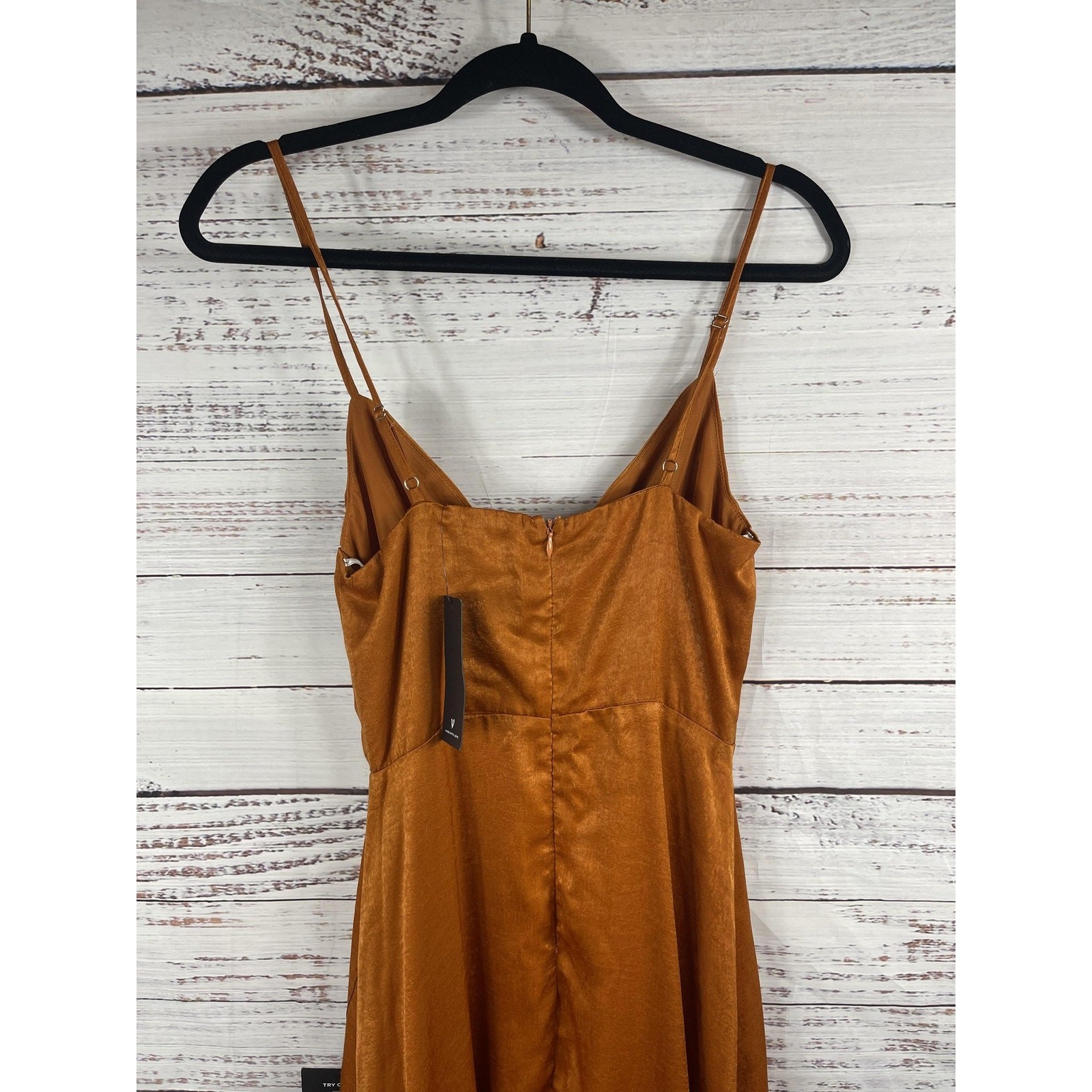 Lulus Dress Womens Extra Small Brown Maxi Spaghetti Strap Side Slit Lined Formal