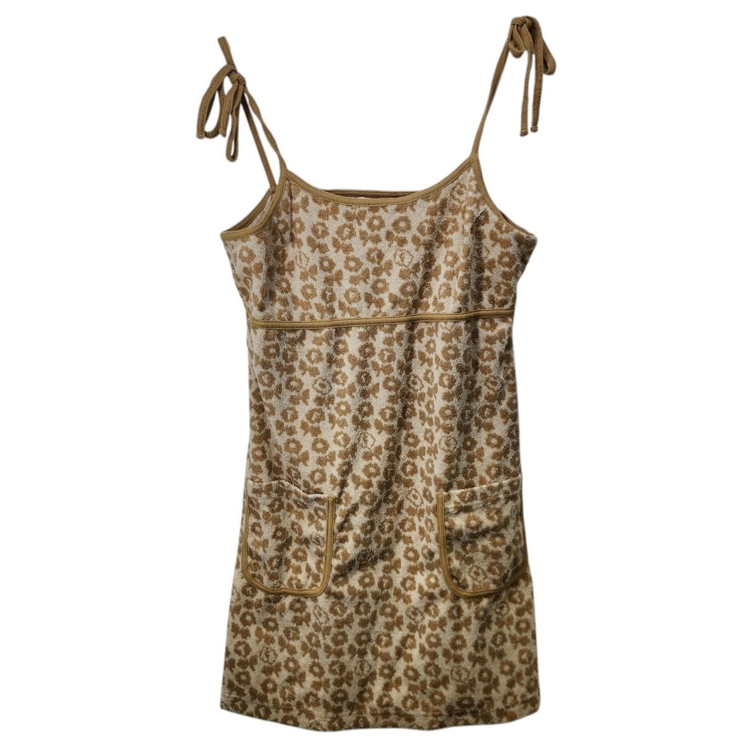 Teddy Fresh Mini Dress Womens Large Brown Floral Terry Cloth Tie Strap Pockets