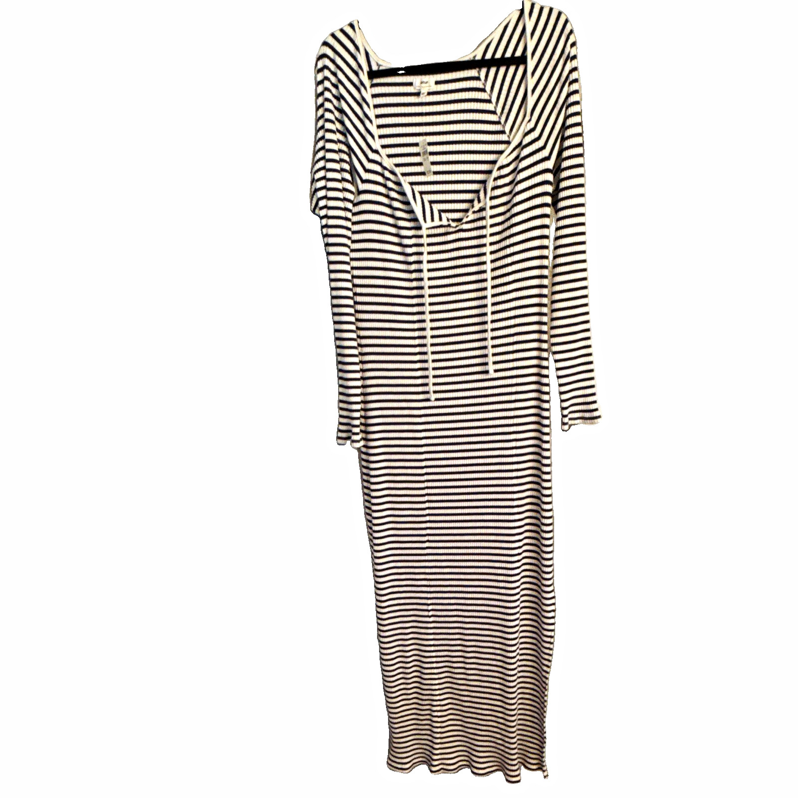 Aerie Black/White Striped Rib Knit Square Neck Tie-Front Long Sleeve Maxi L