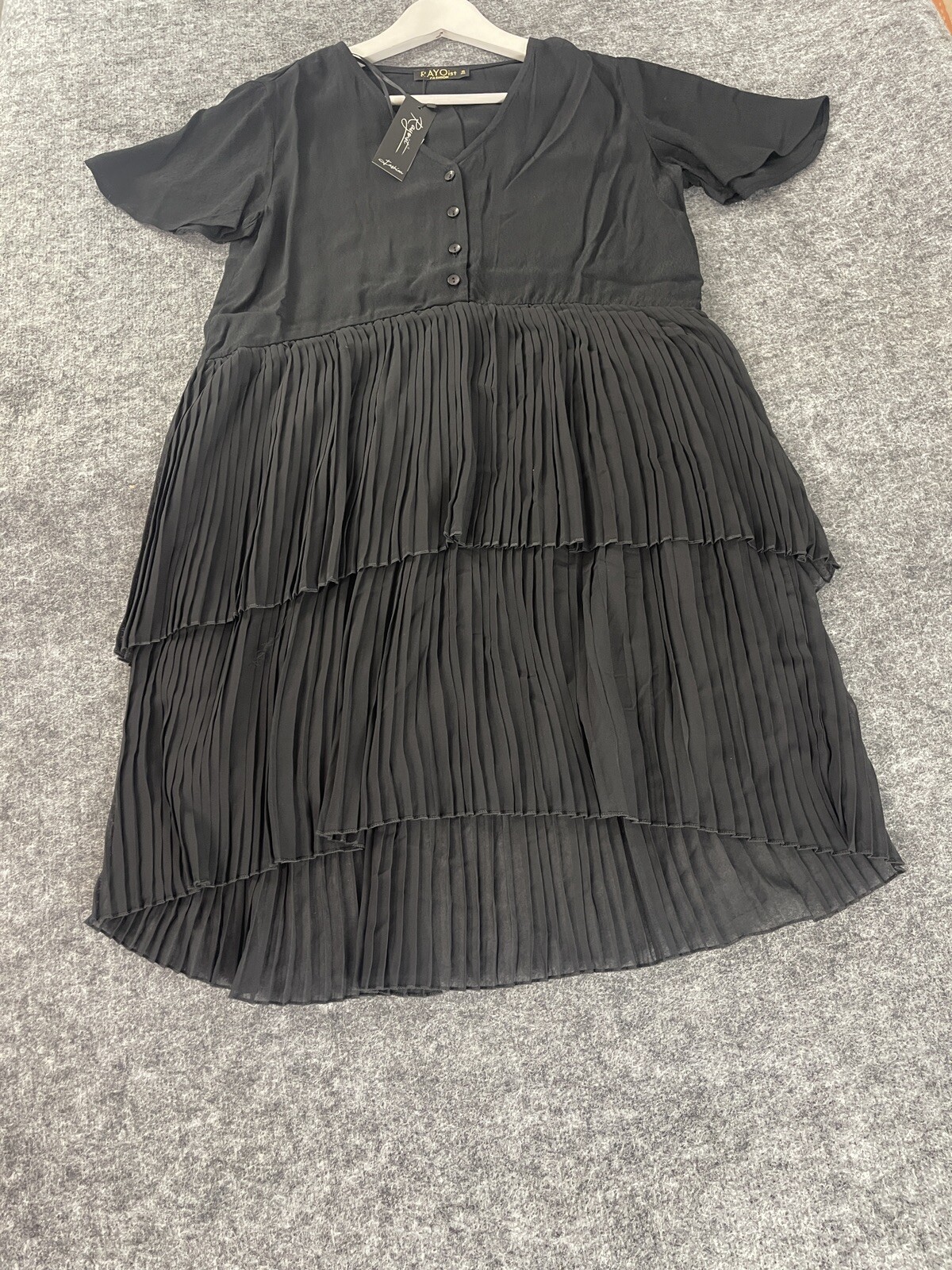 Alex Swing Dress Womens 10 Black Ruffle Short Sleeve Pleated N129