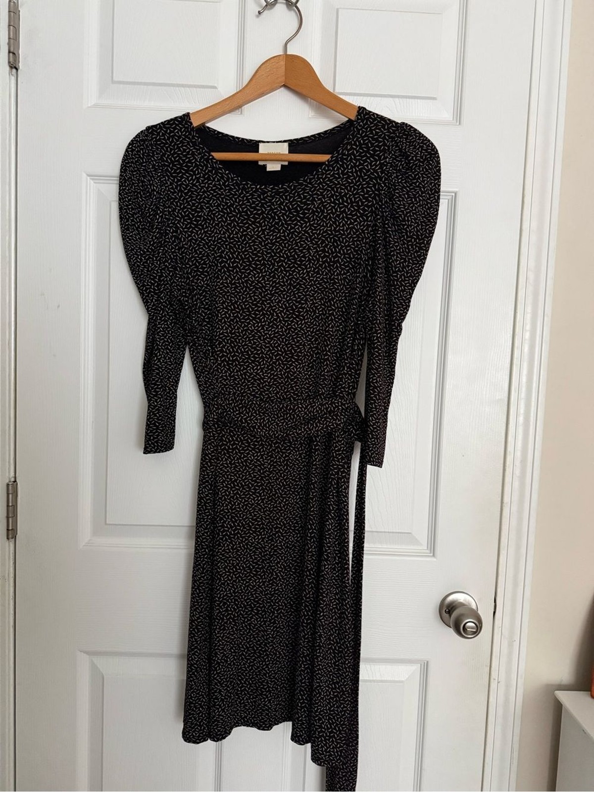 Maeve Sz S Printed Long Sleeve Dress with Tie Belt Parisian Chic Modern Retro