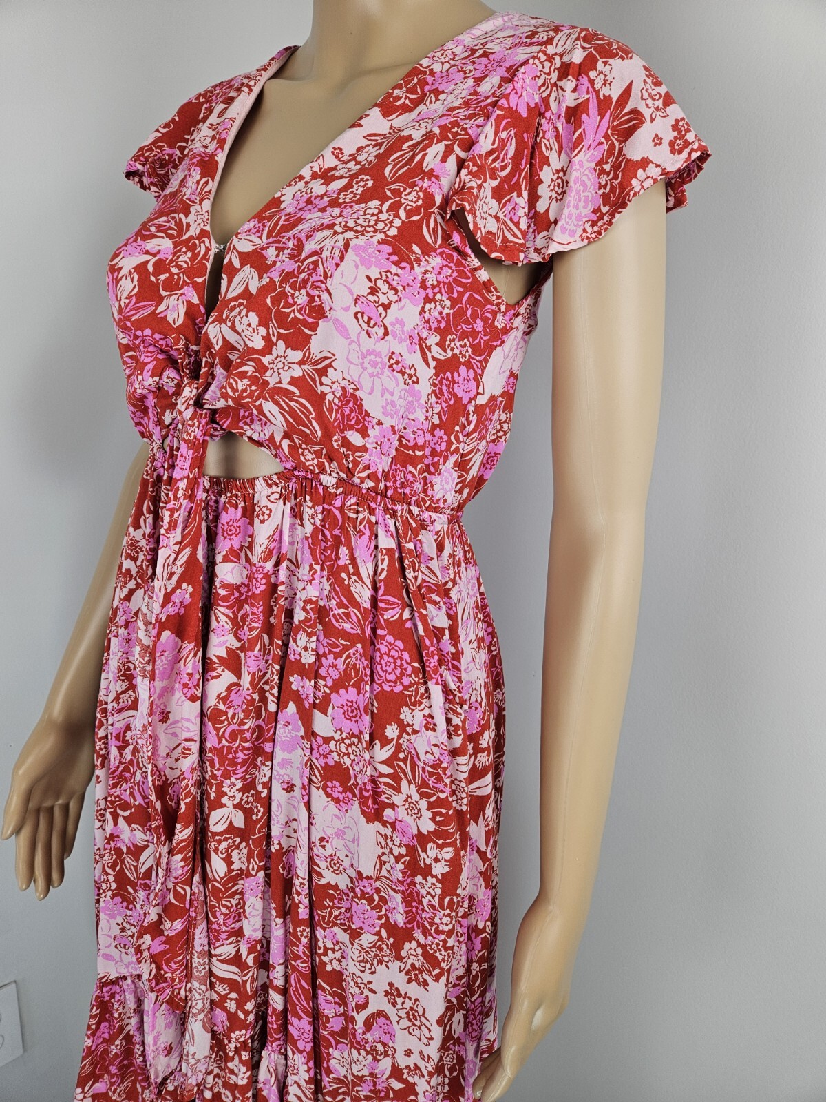 Vici Womens Dress Small Hi Low Maxi Pockets Ruffle Raspberry Floral