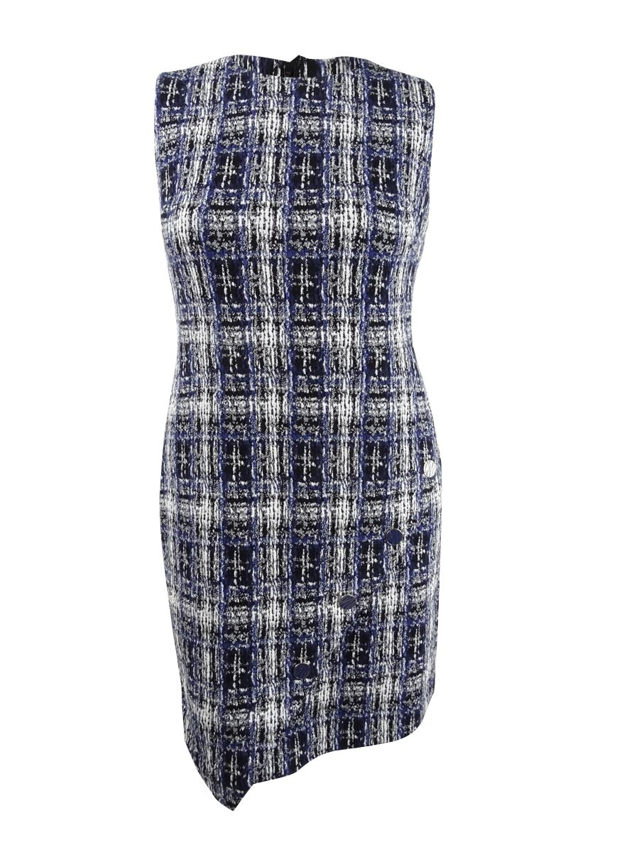 DKNY Women’s Tweed Logo Button Sheath Dress (14, Blueberry Multi)