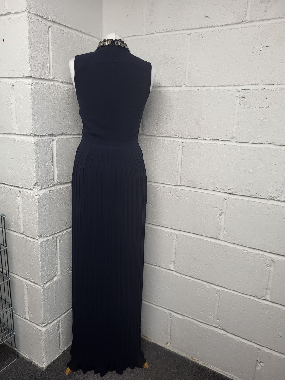 Spotlight Warehouse Navy Blue Embellished Neckline Pleated Maxi Dress Size 8. PT