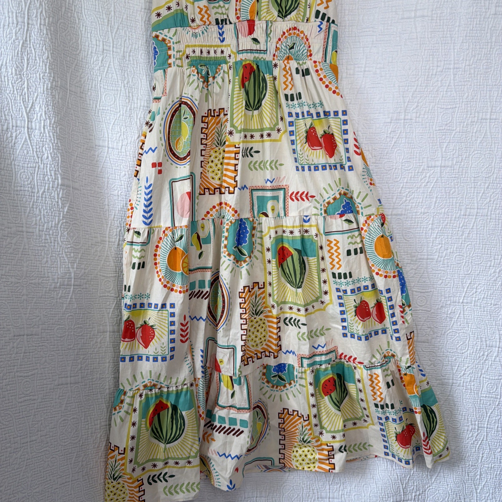 Easel Fruit Print Cotton Tiered Midi Dress Small Short Sleeve Garden Cottagecore