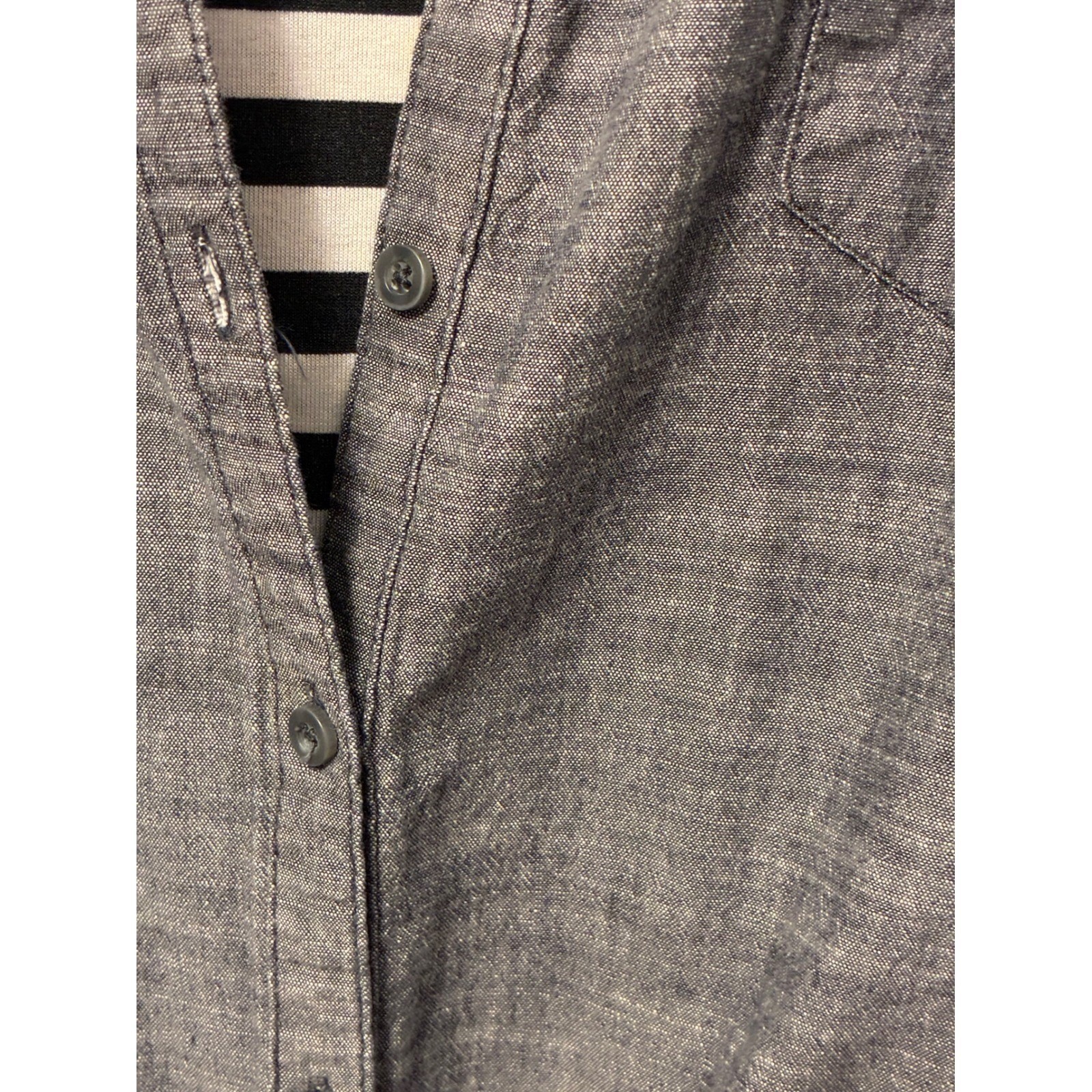 Chambray Button Down Shirt Dress Grey Blue Roll Tab Sleeve with Rope Belt
