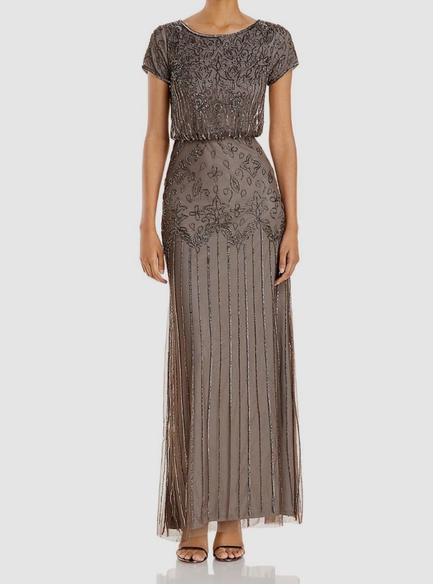 $199 Adrianna Papell Women’s Gray Beaded Short Sleeve Blouson Gown Dress Size 4