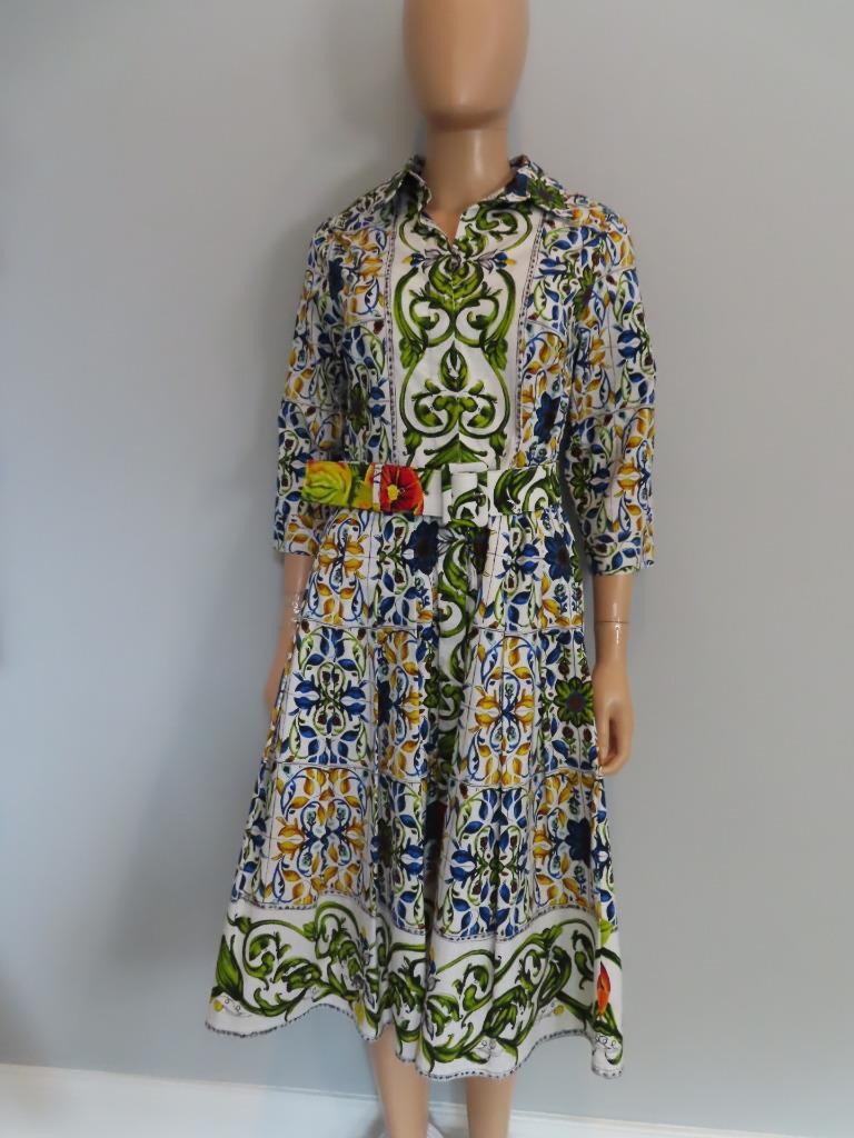 Samantha Sung Majolica Inspired Print Cotton Pleated Belted Dress US 6
