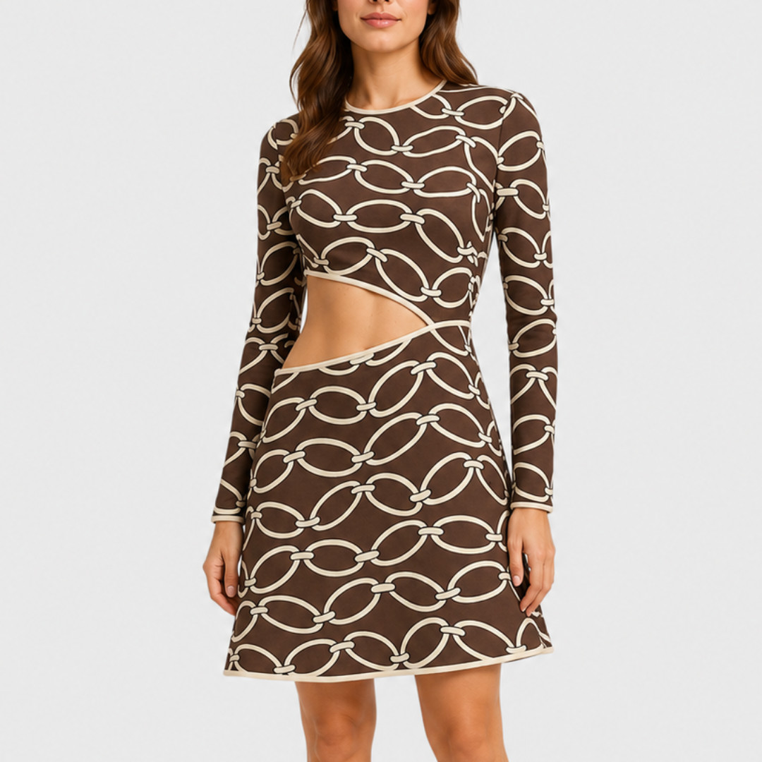 Valentino Brown And Beige ‘Chain 1967’ Print Cut Out Mini Dress, Size UK10