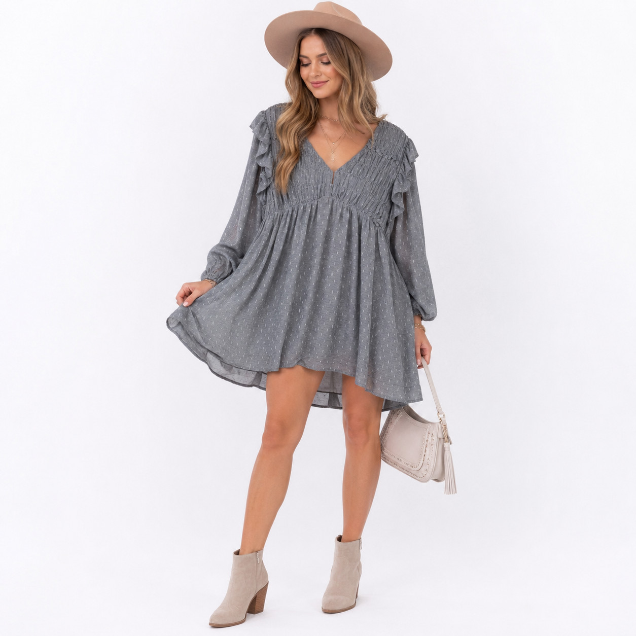Reverof Ruffle Mini Dress Blue Gray Lined Boho Romantic Chic Women’s L