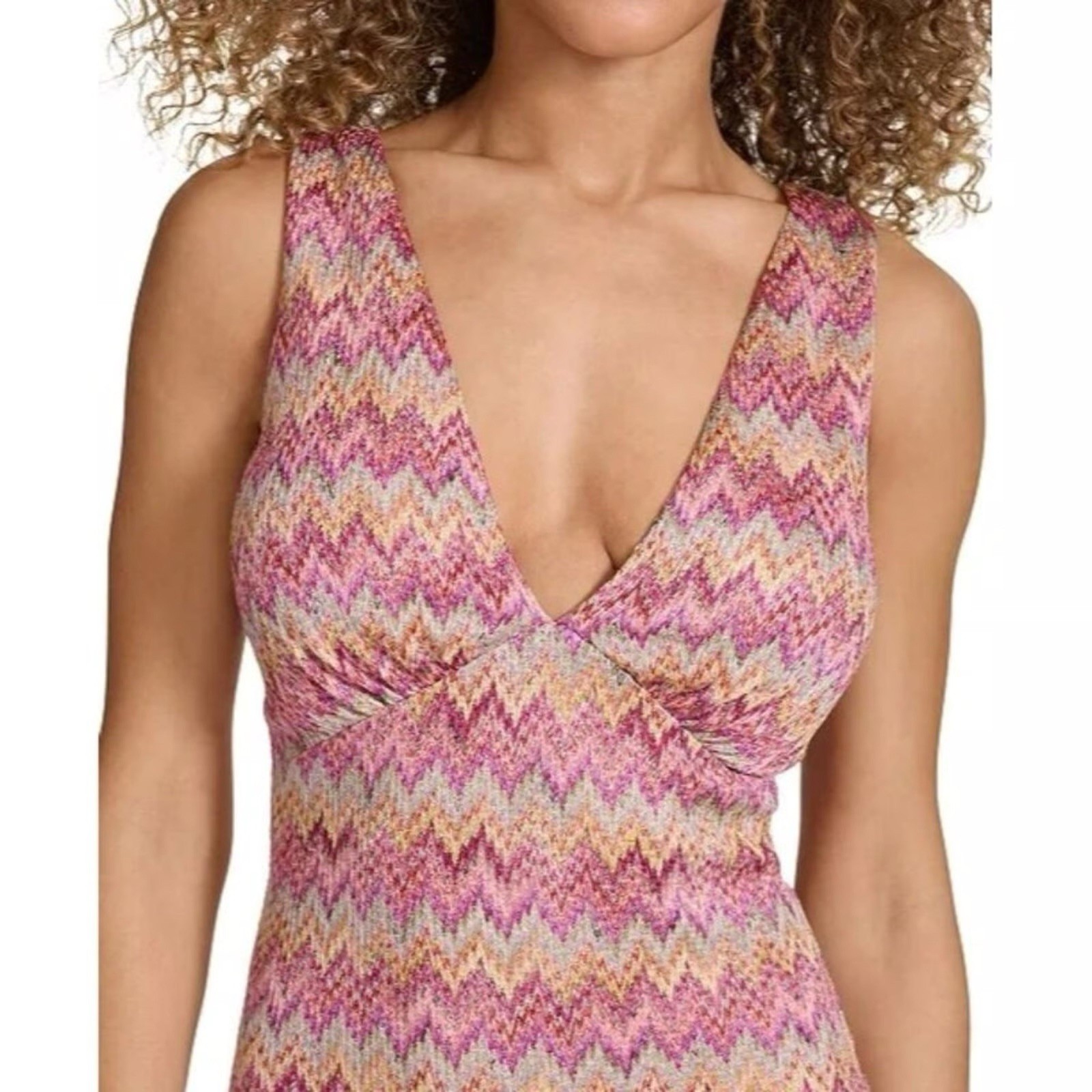 Siena Pink Multi Color Chevron Pattern V-Neck Bodycon Midi Dress Size 10 Large