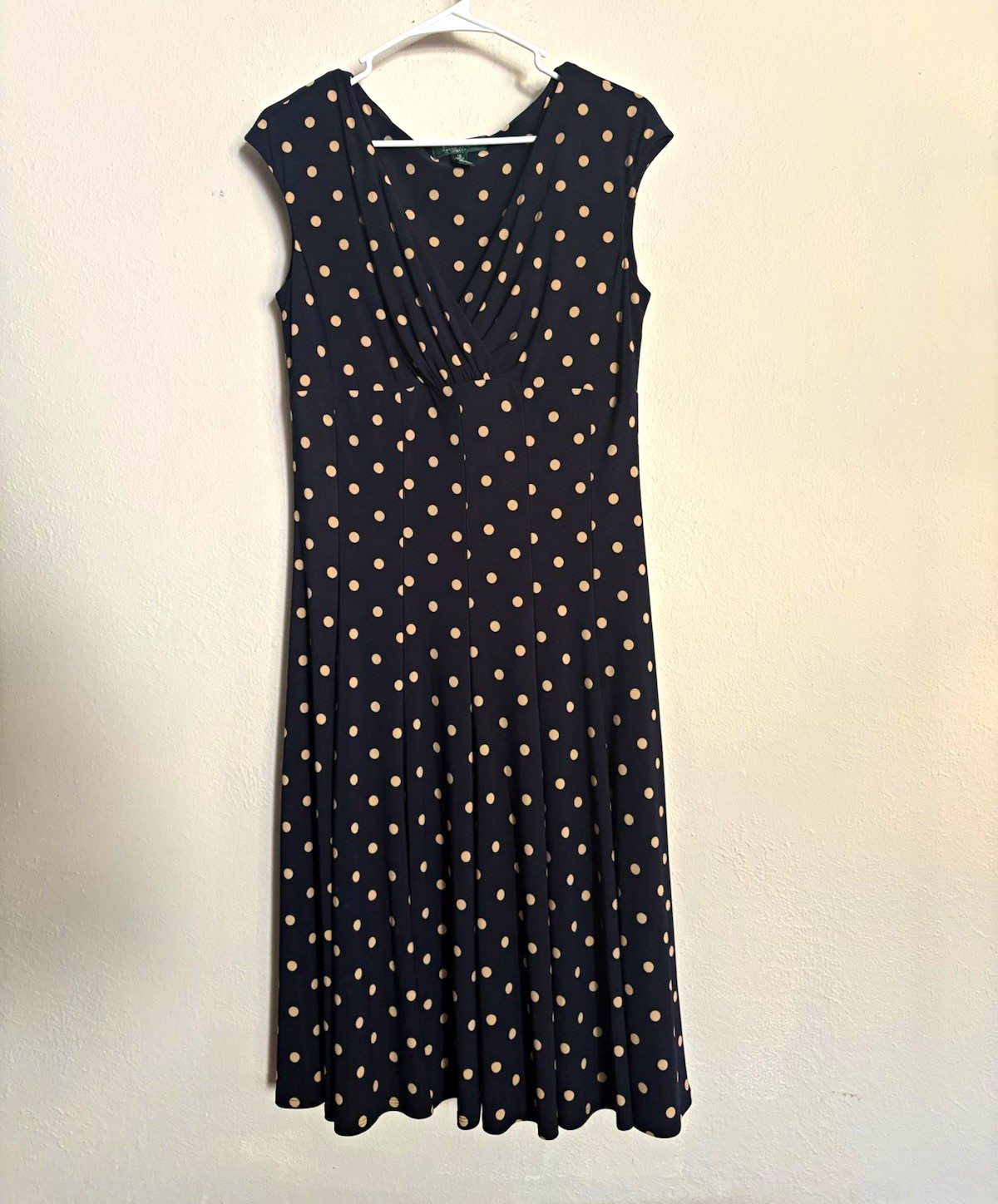 Lauren Ralph Lauren Polka Dot Knit Fit & Flare V-Neck Pleated Navy 10