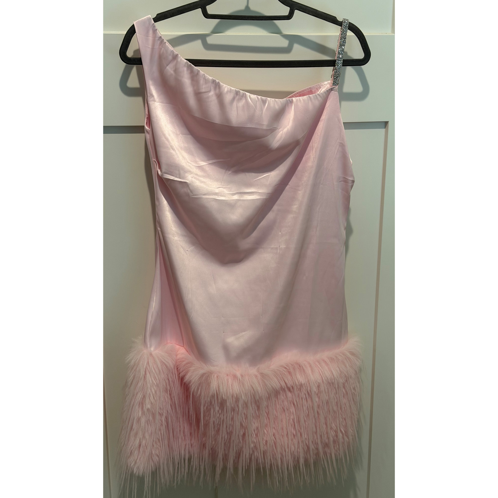 Loragal Pink Fur Dress With Rhinestone Shoulder Size L