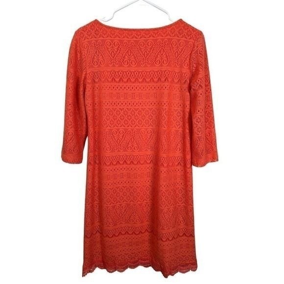 Dana Buchman Coral Orange Lace Sheath Dress 3/4 Sleeve Scallop Hem Size 8
