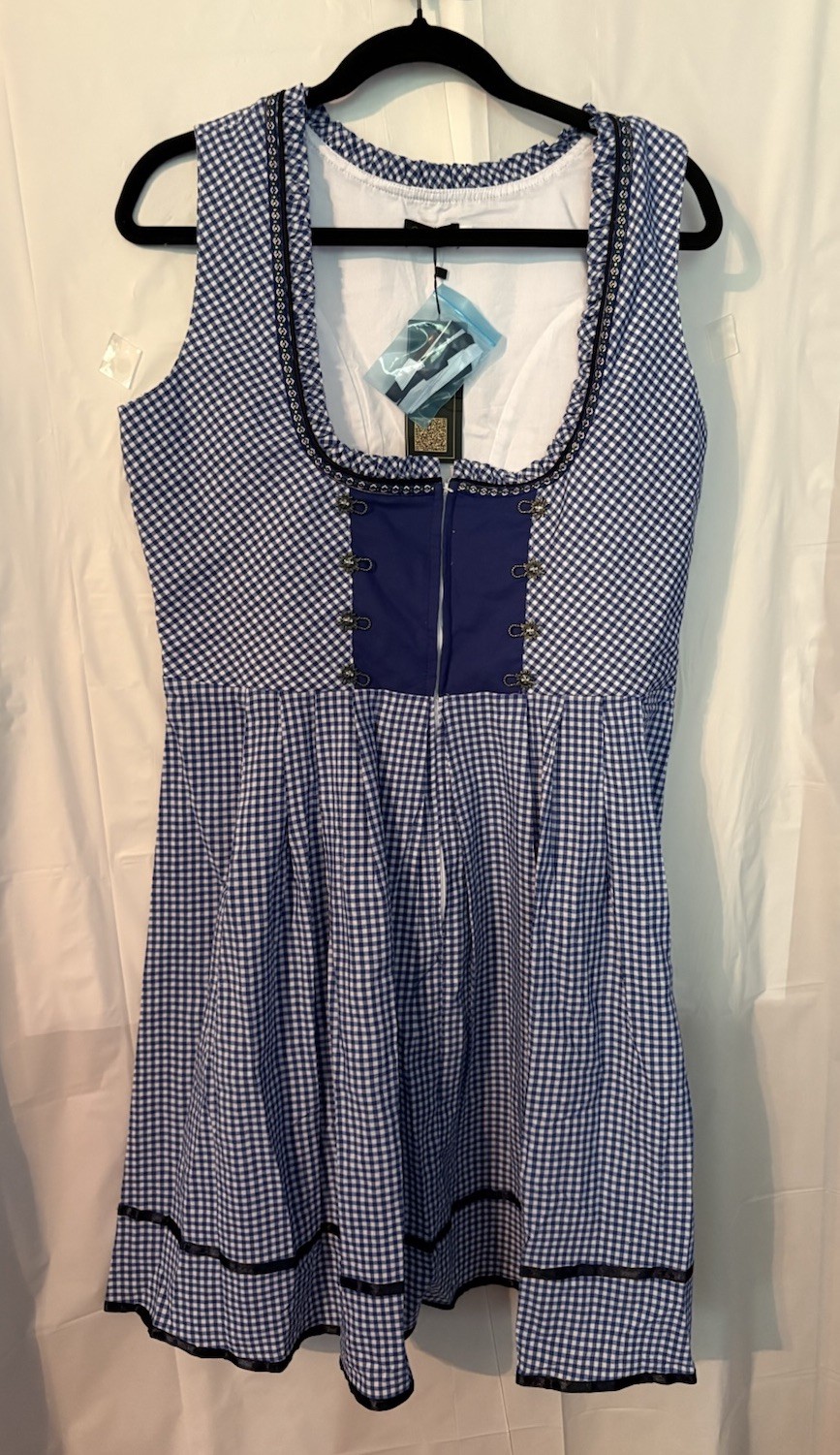 NWT GloryStar Gingham Blue Bavarian Dirndl Oktoberfest Dress Zip Up Lace Large
