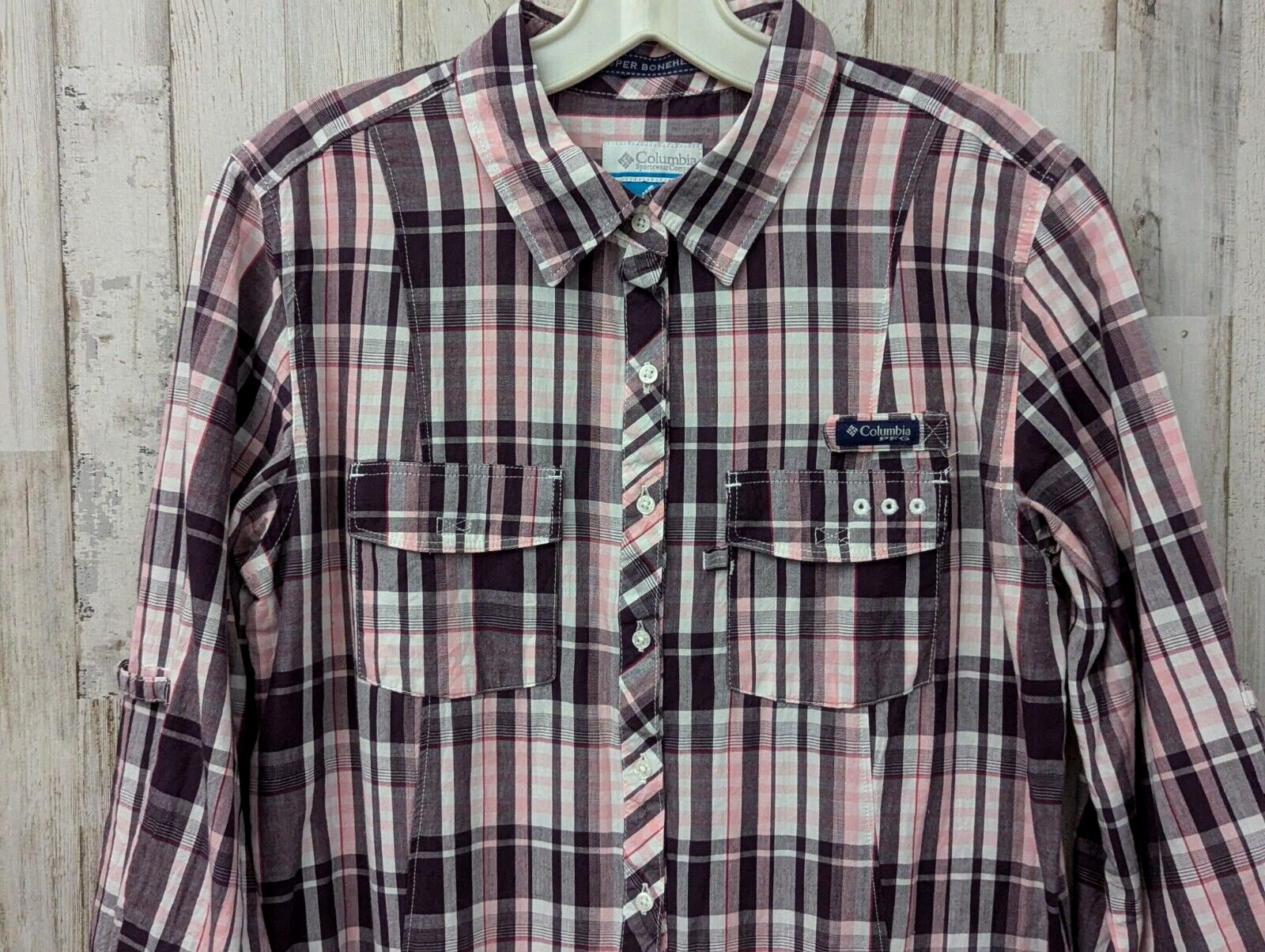 Columbia PFG Super Bonehead Dress Medium Pink Plaid Pockets Preppy Outdoor Beach