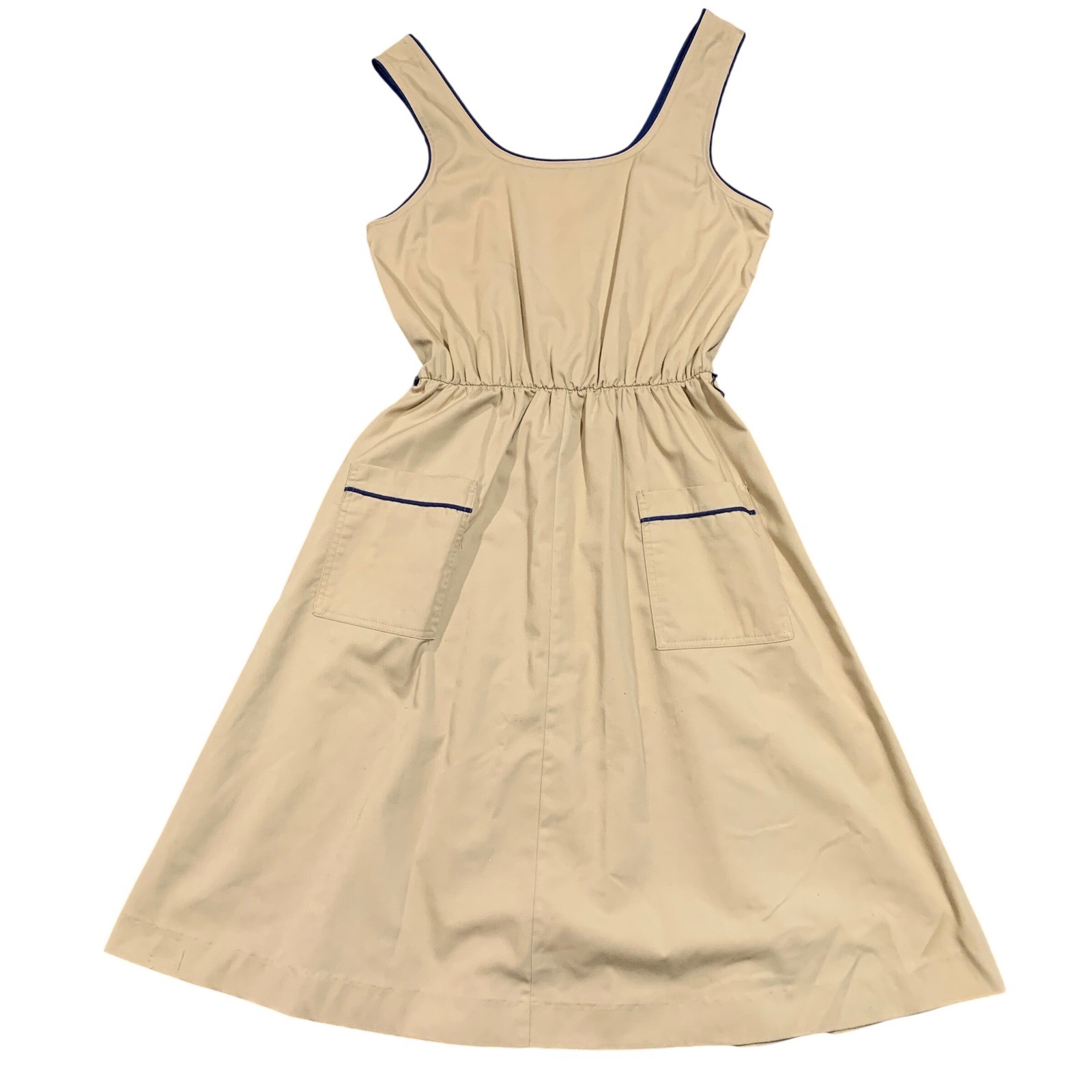 Vintage USA Malouf of Dallas Womens Tan Blue Trim Elastic Waist Pocket Dress 10