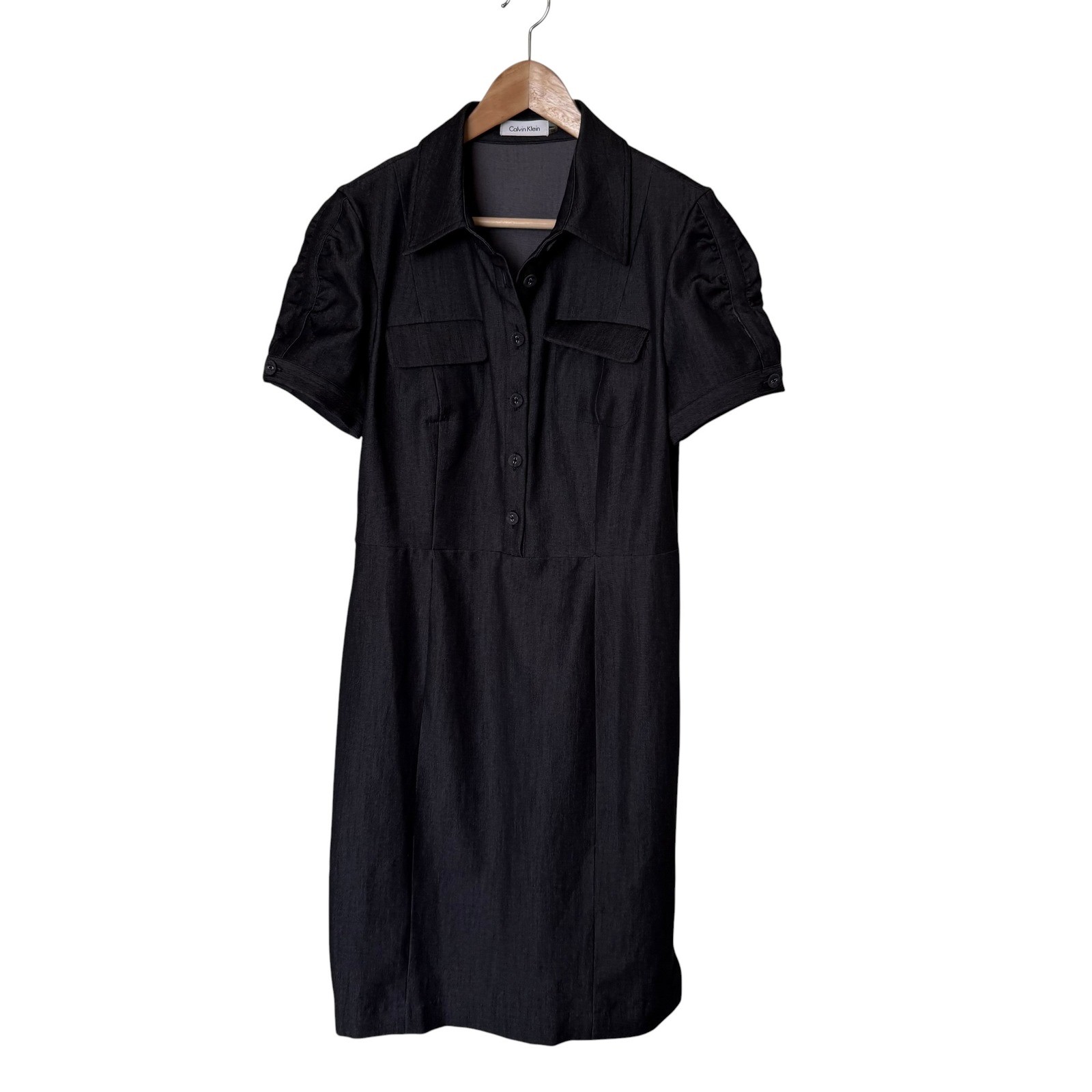 Calvin Klein Shirt Dress Women 10 Black Excellent Puff Sleeve Sheath Denim Look