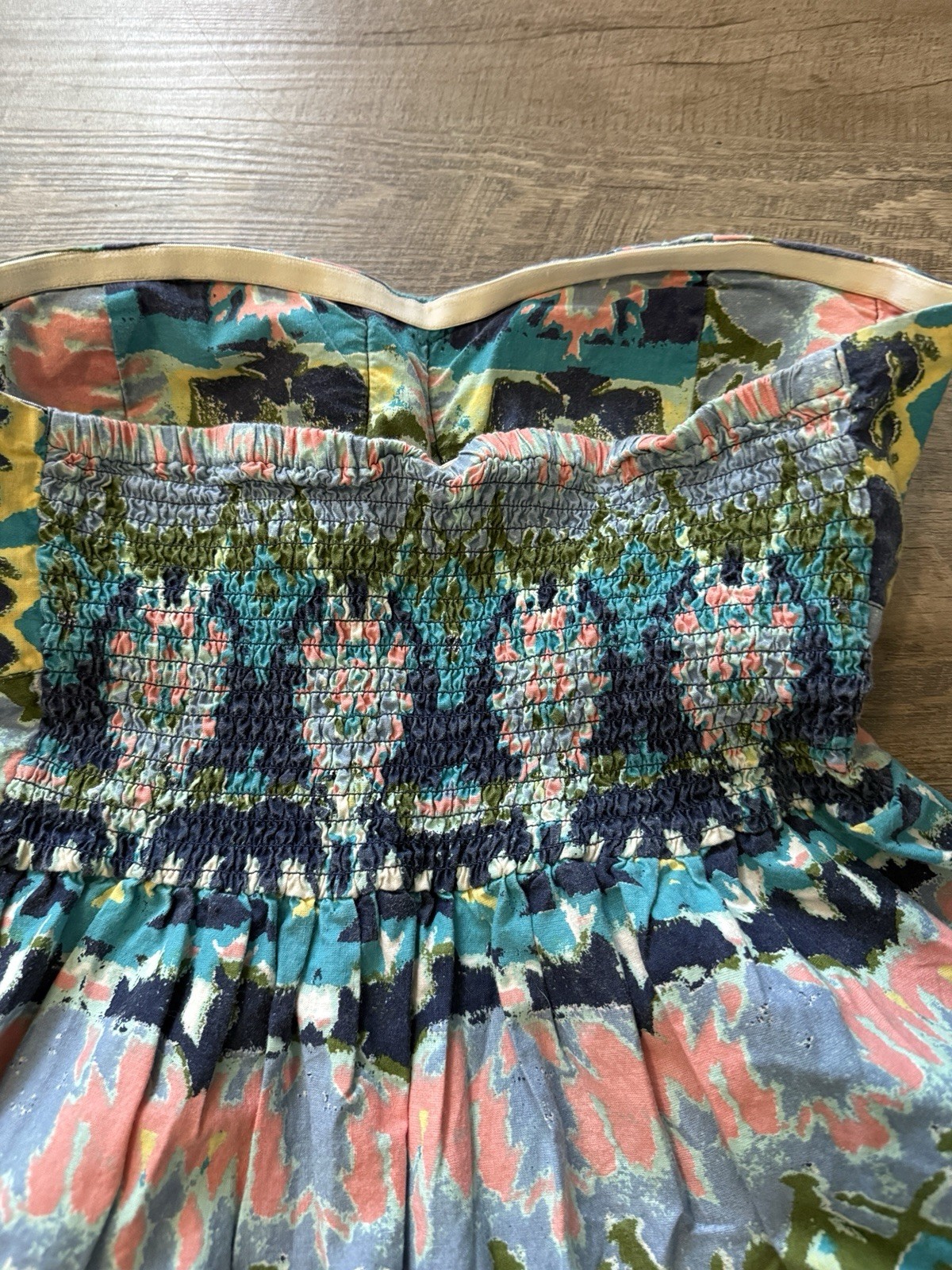 Red Camel Strapless Abstract Fit & Flare Smocked Dress Multicolor L