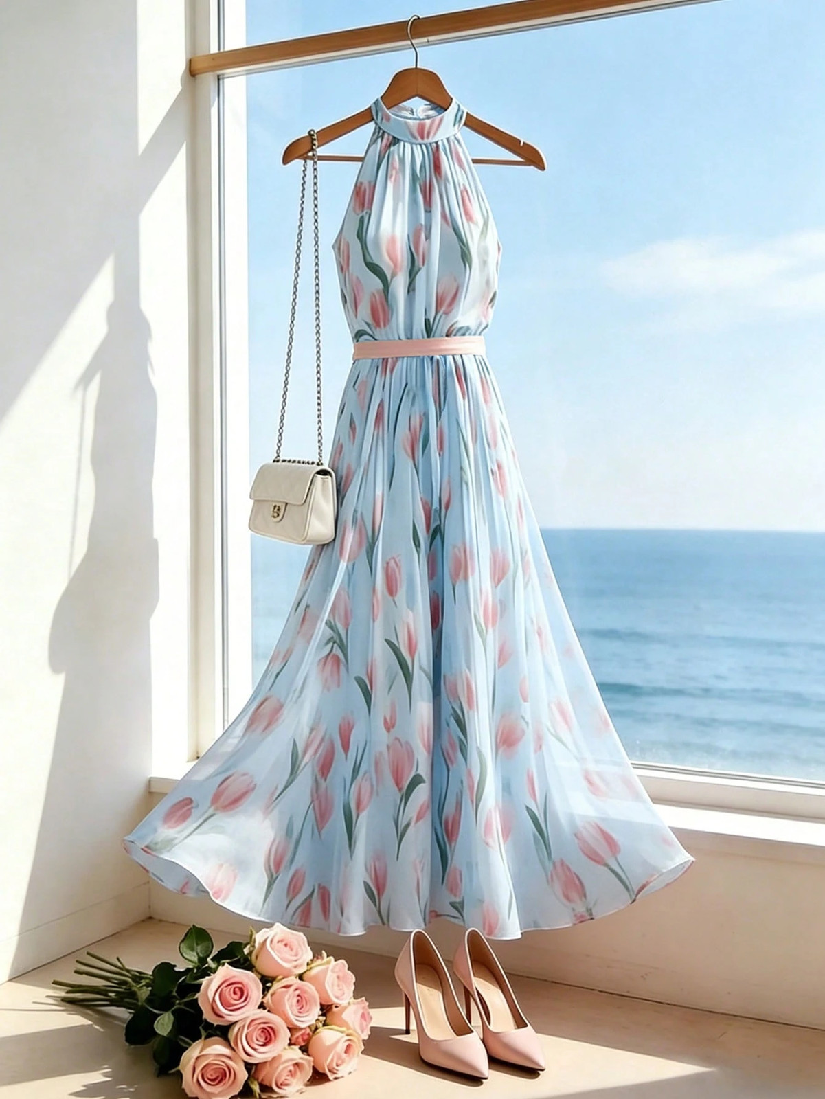 Elegant ladies halter neck dress in blue with fitted waist