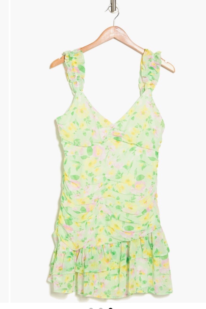 Elodie Floral Mini Chiffon Ruched Ruffle Dress Green Lined Sleeveless Women XL
