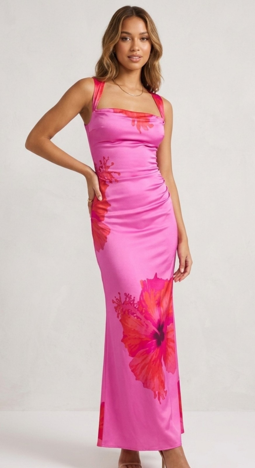 NWT Good American Pink Satin Floral Lace-Up Back Maxi Dress