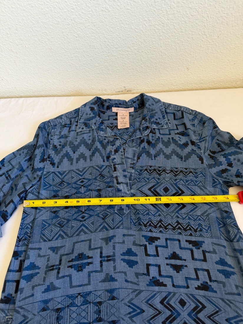 Philosophy Womens Aztec Print Chambray Shirt Dress Tencel Blue Size S