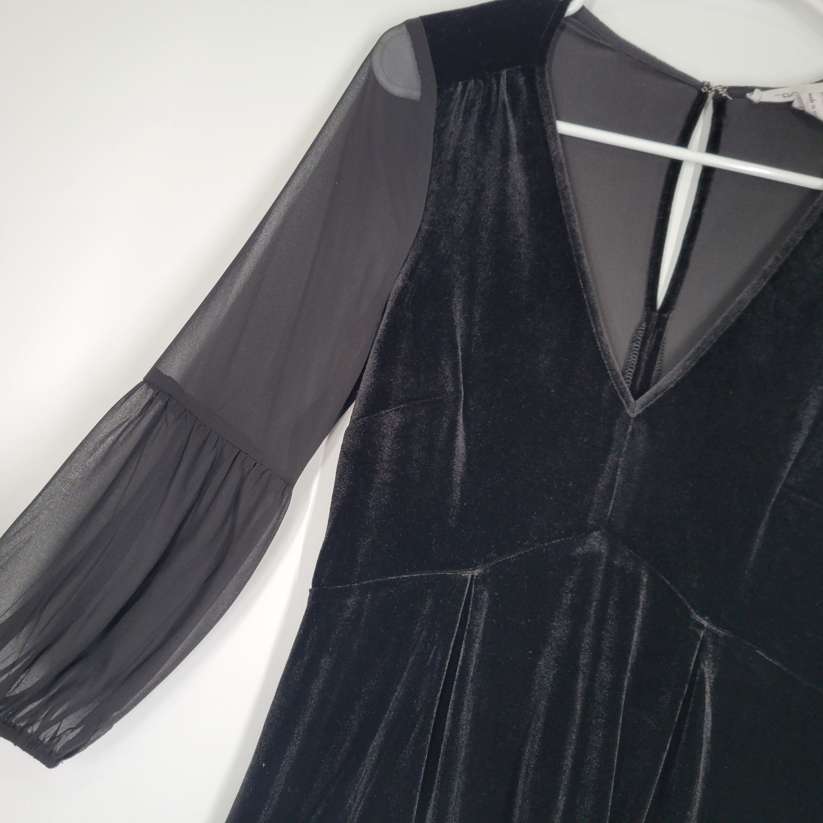 BCBG Generation Black Velvet Sheer Sleeve V Neck Mini Dress Sz Small Whimsigoth