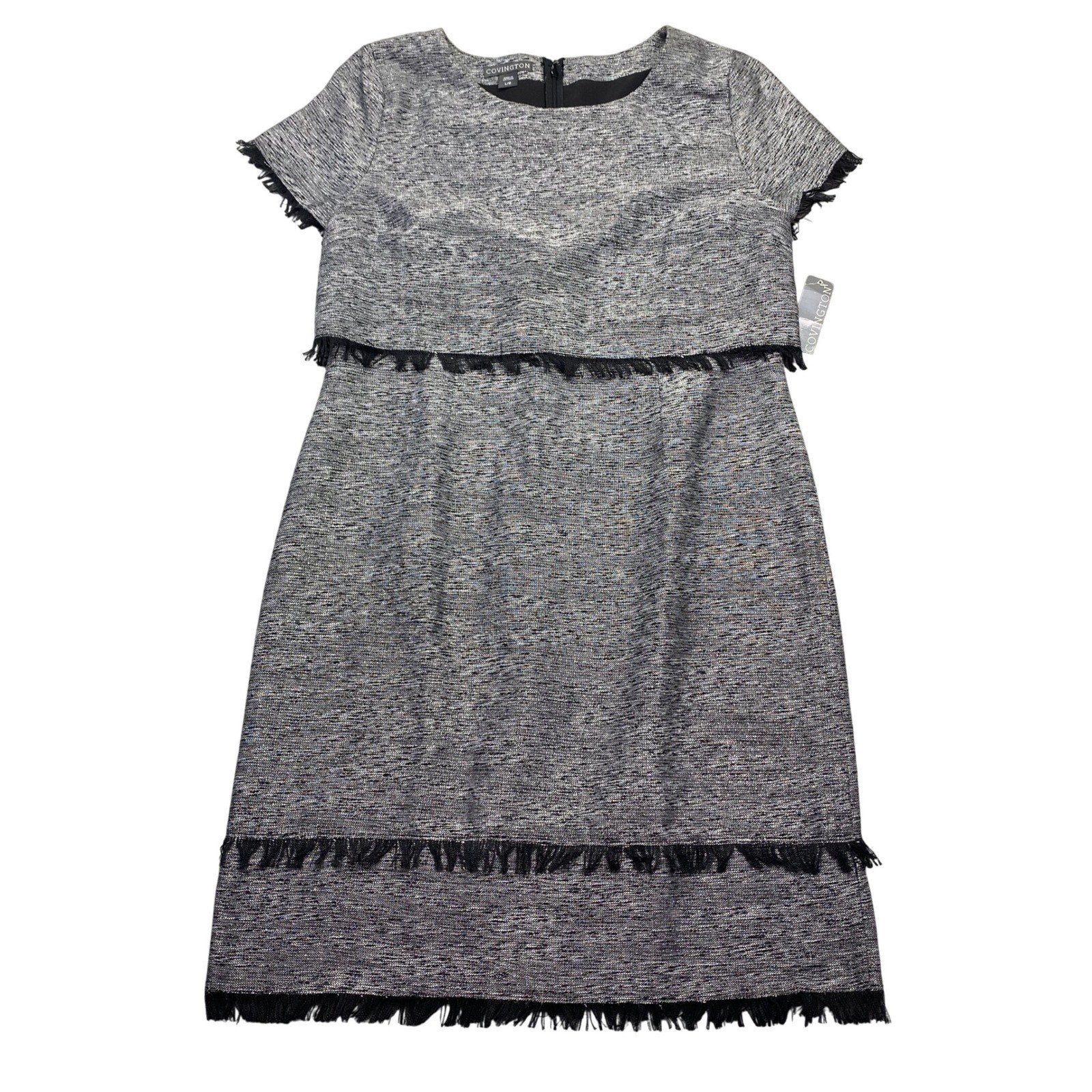 Covington Missy Cropped A Line Dress Silver Lurex Tweed Fringe Gray Large NWT