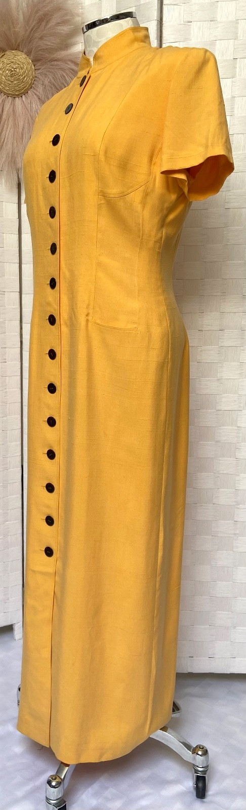 VTG Dana Buchman 100% Silk Yellow Button Up Pocket Maxi Mandarin Dress Size 8