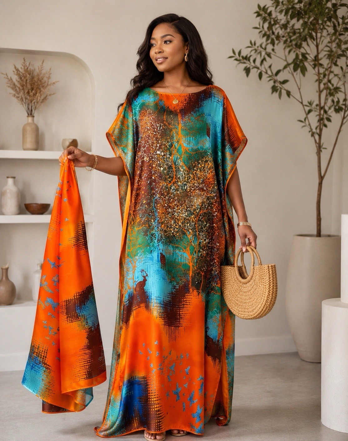 Long silky satin slip Kaftan Dress Geometric with scarf Boat Neck One Size