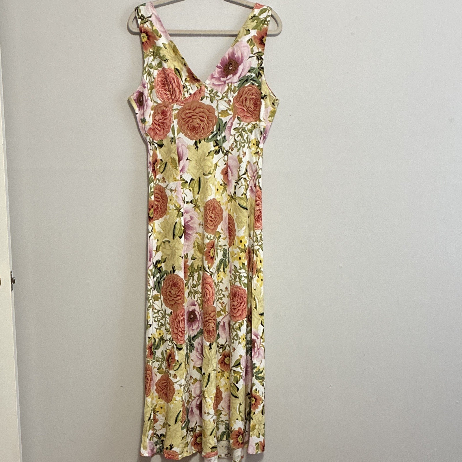 Paper Heart Yellow Floral V-Neck Sleeveless Midi Sundress XL Rayon Linen