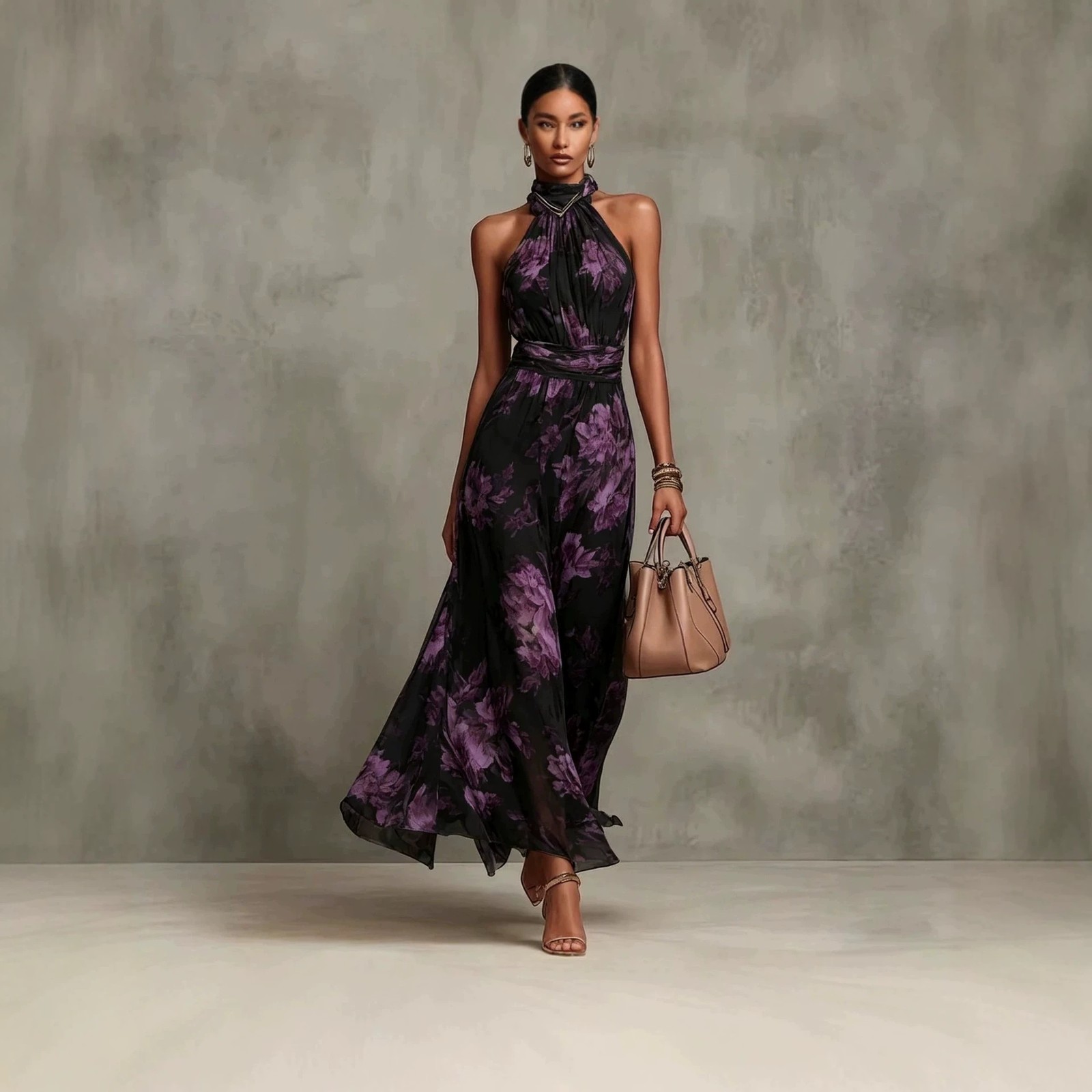 Women’s Floral Halter Neck Maxi Dress Waist Tie Flowy Chiffon Summer Dress