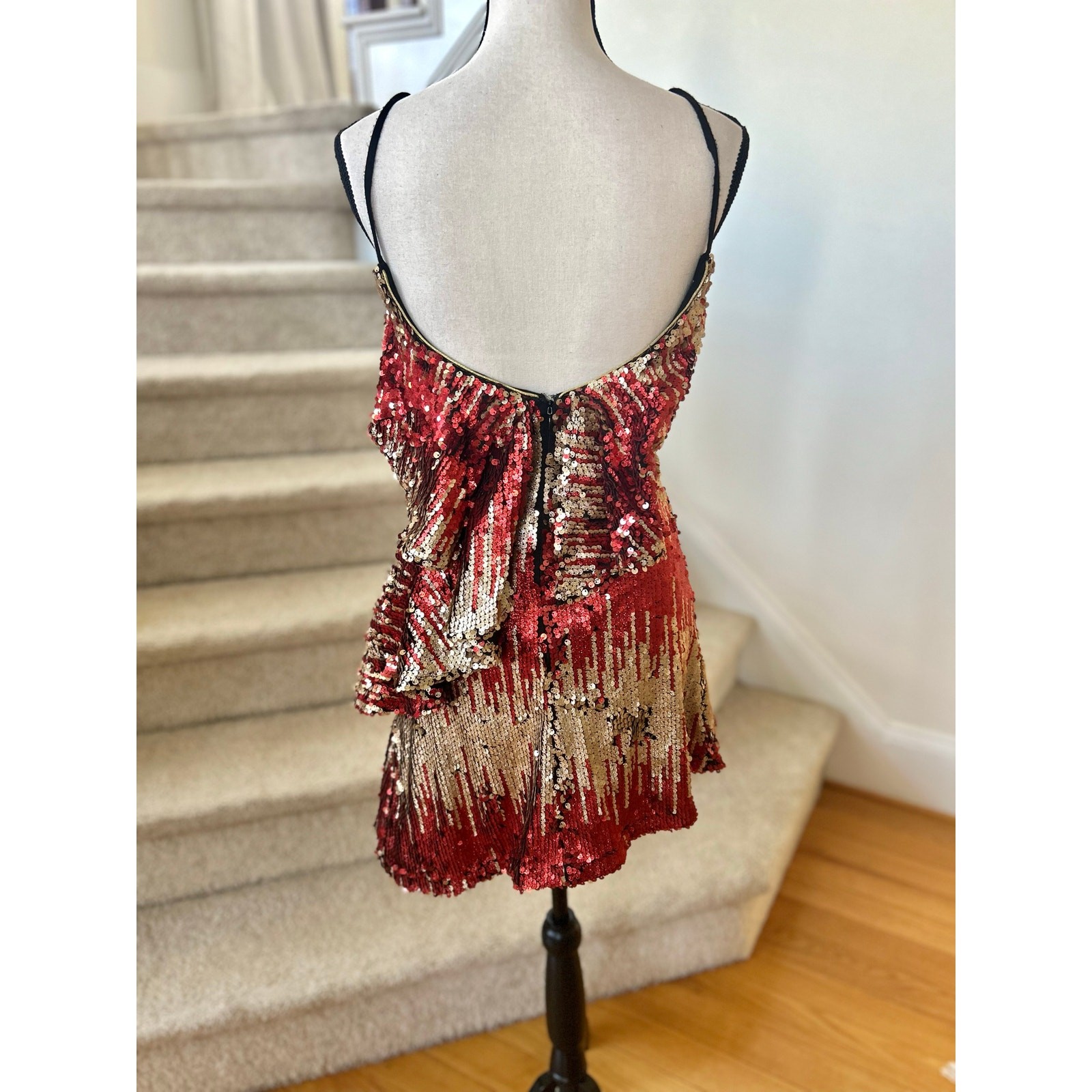 NWT NBD Caliente Red & Gold Glitter Sequin Ruffle Mini Dress