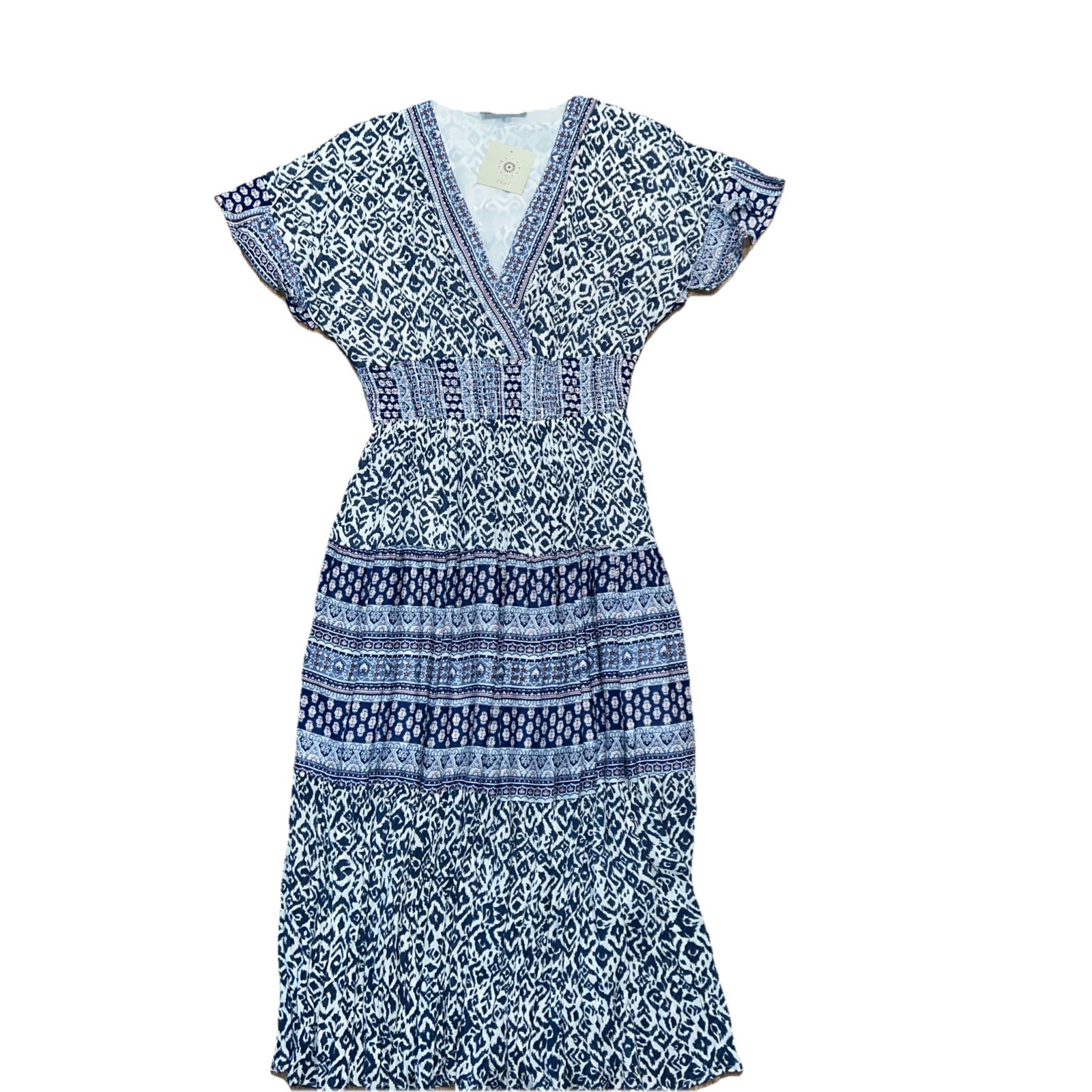 J Gee Navy Blue/White Boho Multi Teared Flutter Short Sleeve Gauzy Peasant Dress