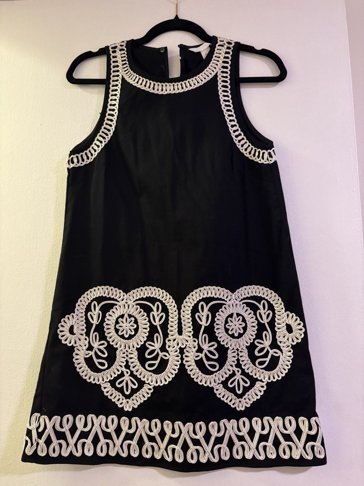 H&M Black Shift Sleeveless Short Dress White Embroidered Trim XS