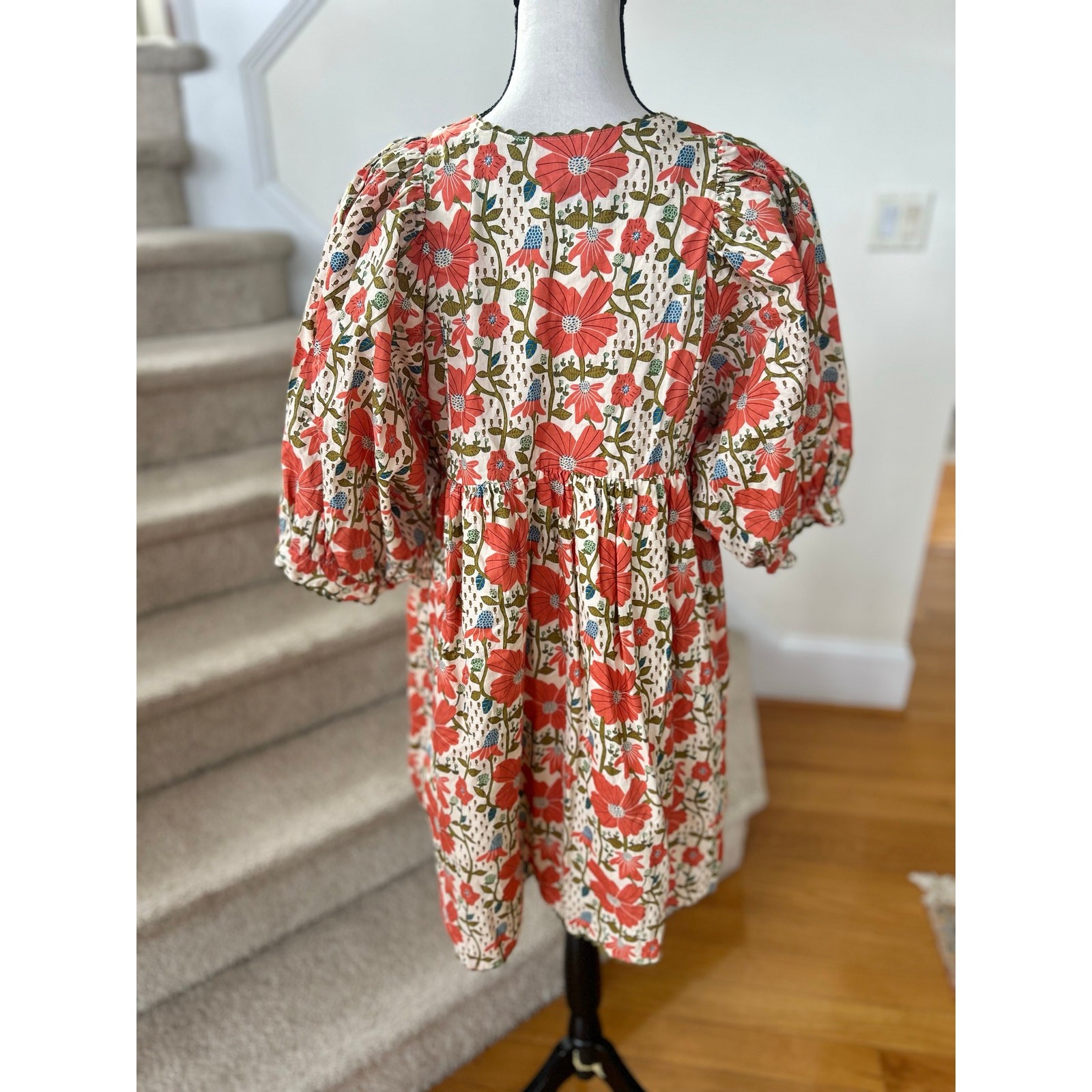 Gigio Cream Orange Olive Green Puff Sleeve Floral Block Print V-Neck Mini Dress