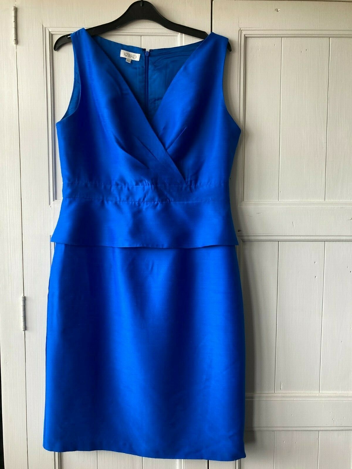 Women Kaliko Blue Sleeveless Lined Pencil Wedding Dress Cross Over V Neck Size12