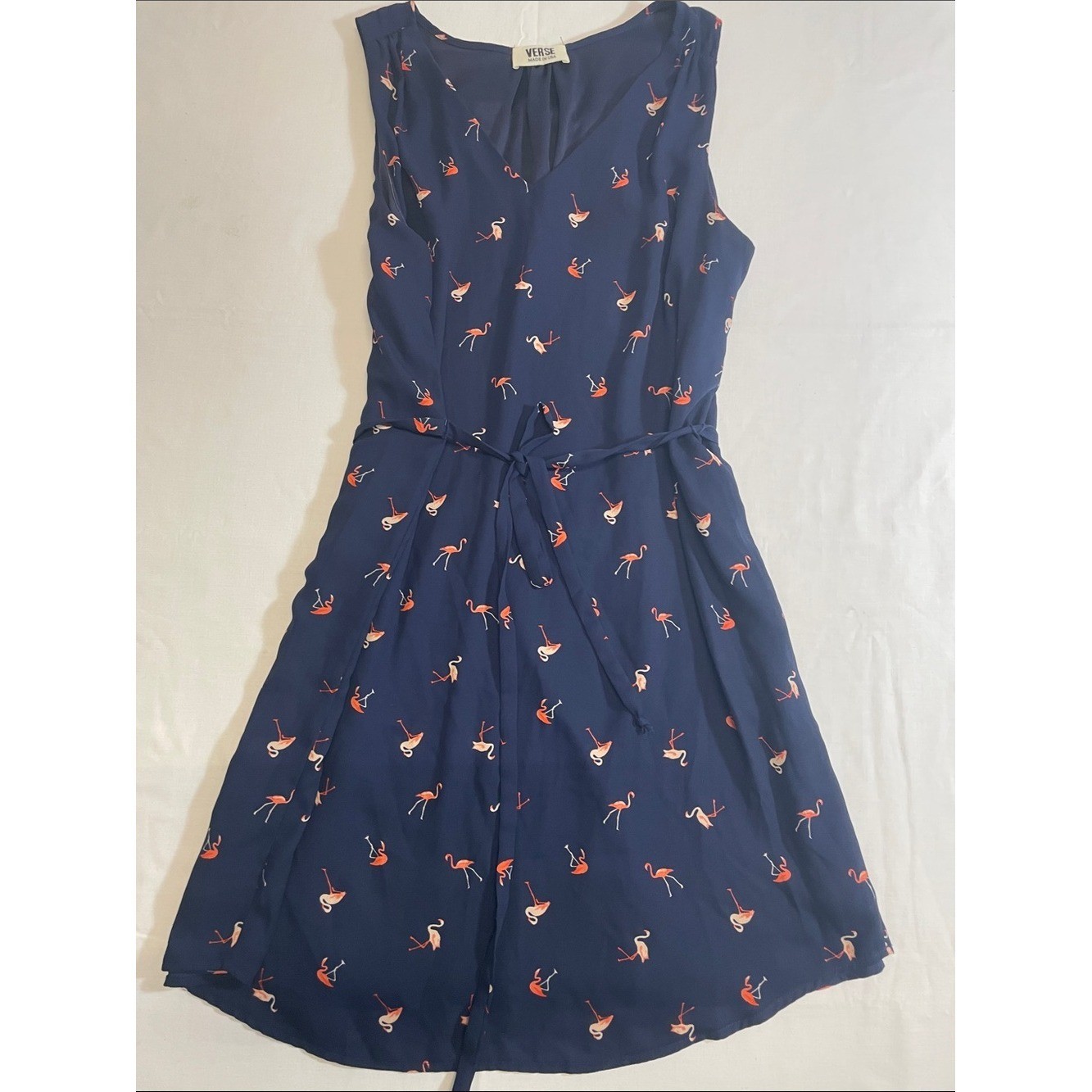 VERSE Shift Flamingo Navy Pink Flaming Tie Waist M