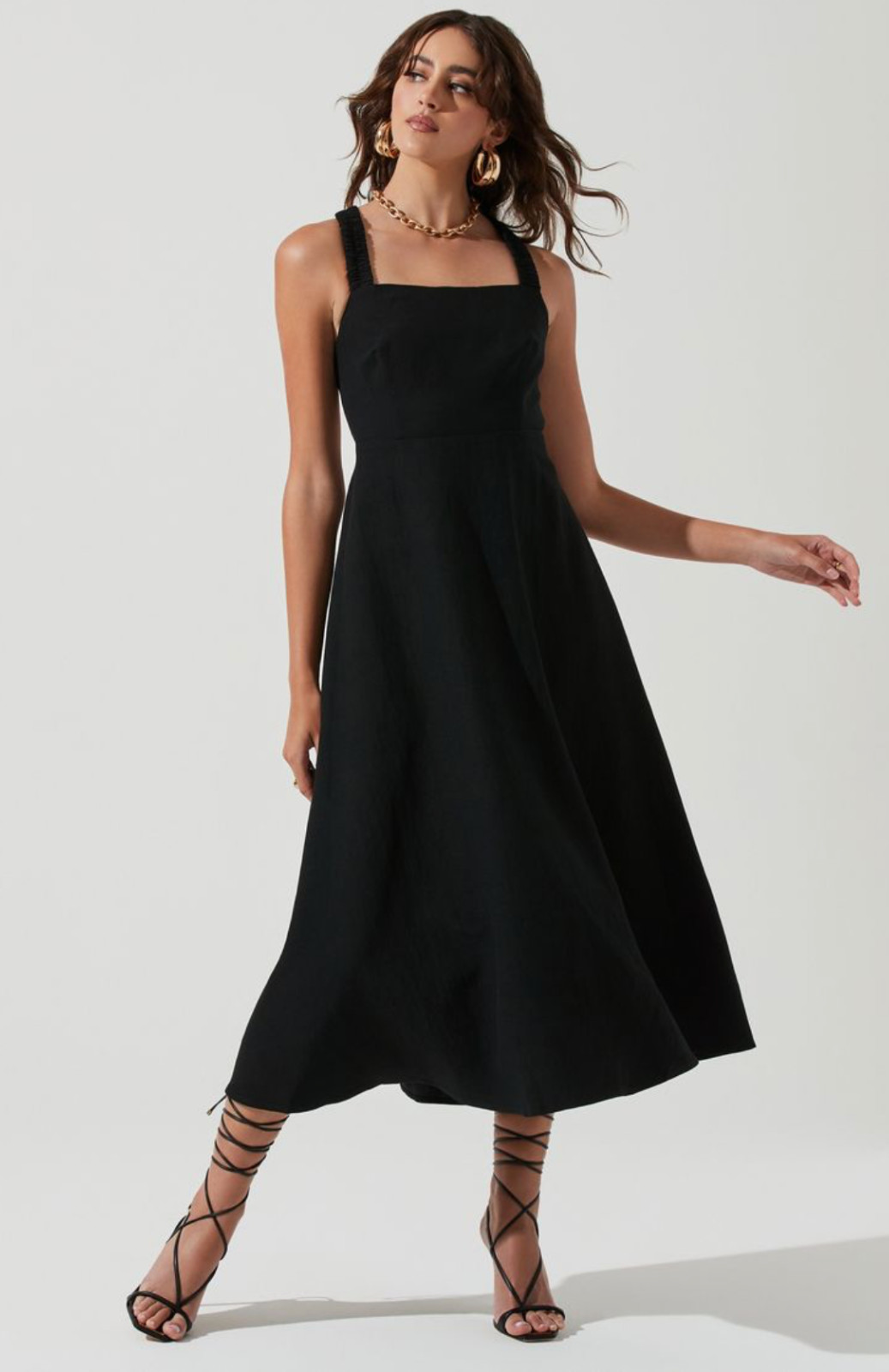 ASTR Valenz Linen Blend A Line Square Neck Criss Cross Back Midi Dress Black M