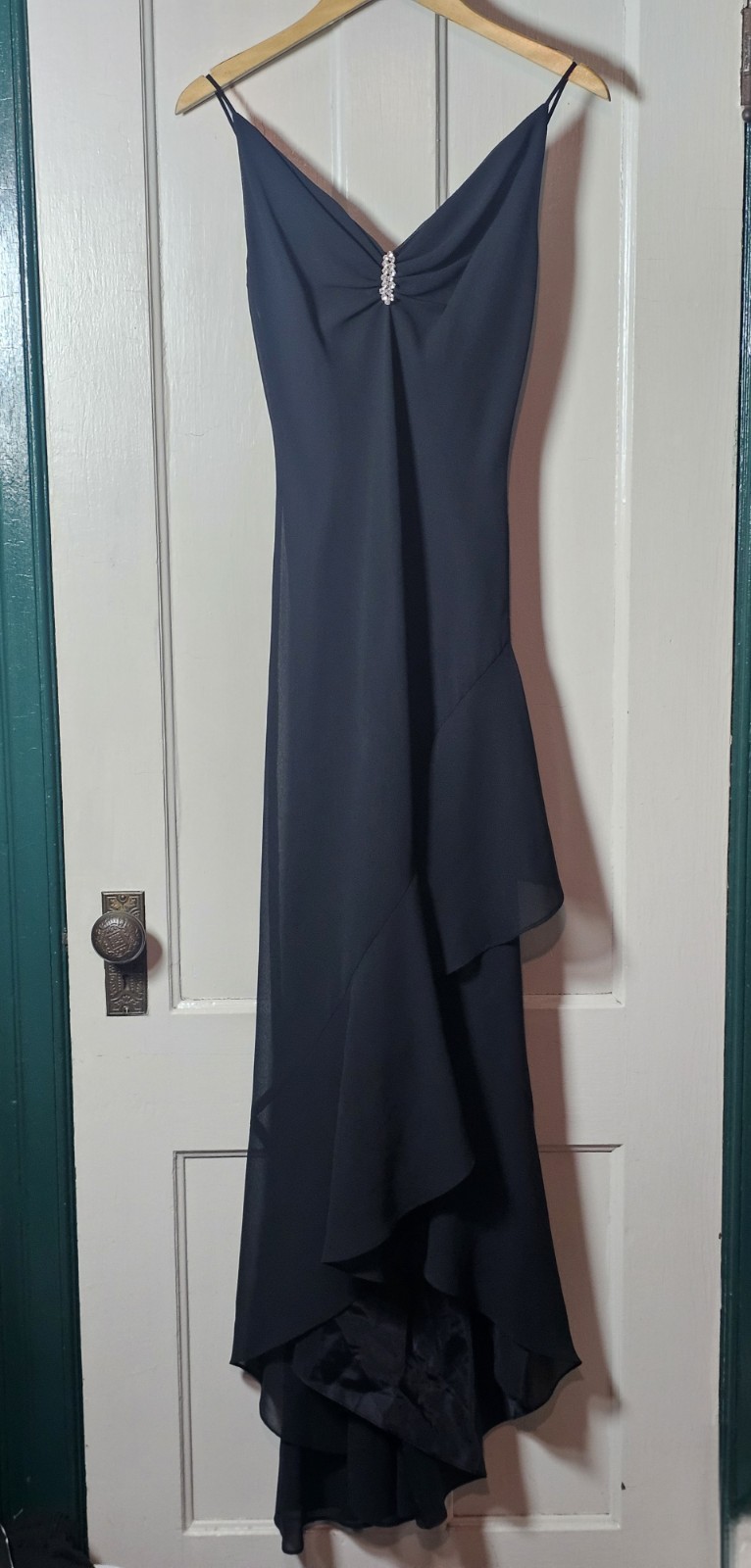 VTG Besty Adams Dress 8 Formal Hi-Low Gown Black Chiffon Rhinestones Fairycore